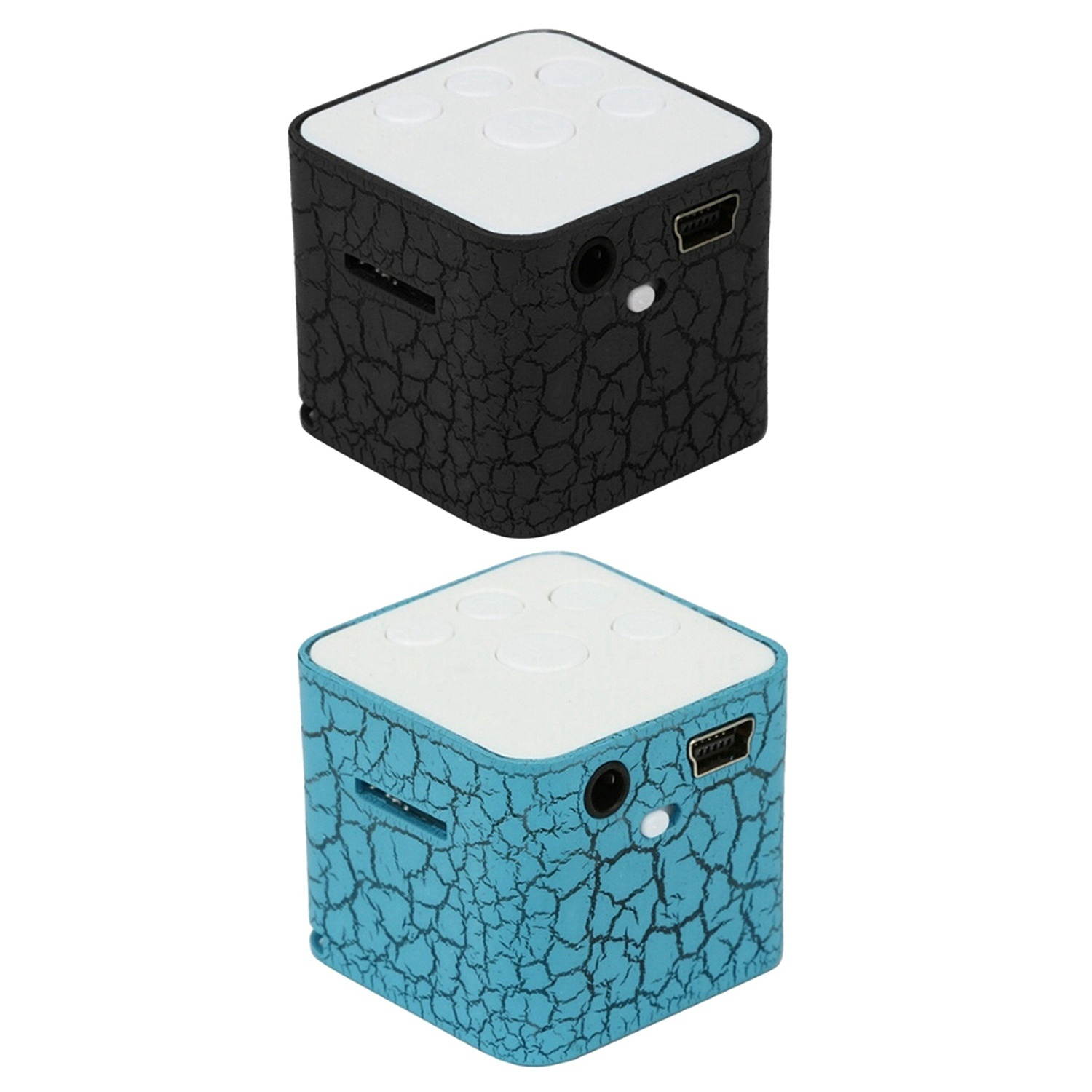 2 Pcs External Sound 120Mah Mini USB 4H MP3 Player 32X30X30mm Colorful Light 3.5mm Mp3 Music Player Support TF SD Card with Speakers, Black & Blue