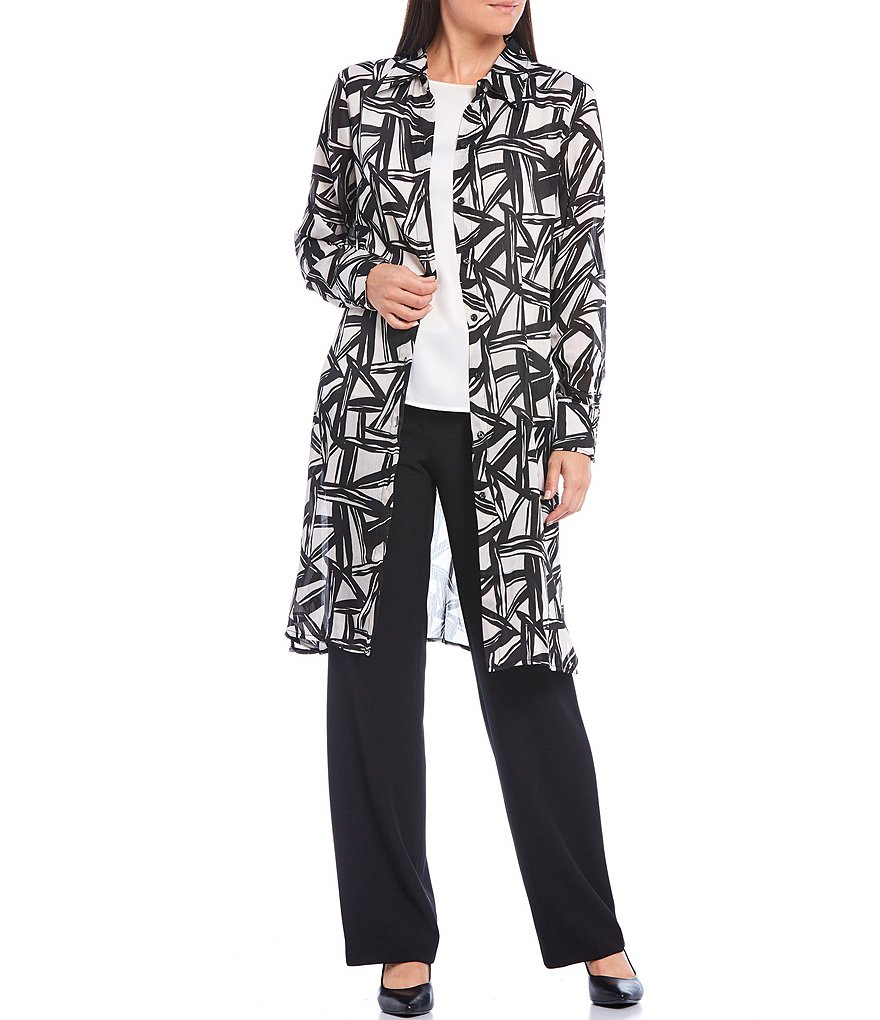 Kasper Abstract Geo Printed Satin Oxford Long Sleeve Shirt Topper