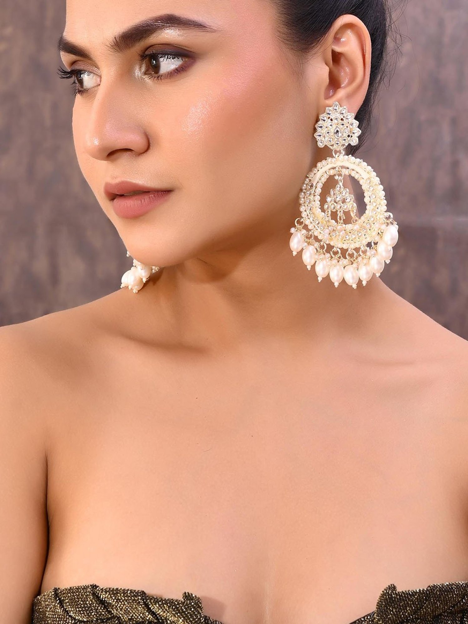 VOJ Gold Plated Kundan Studded White Chandbali Earrings for Women
