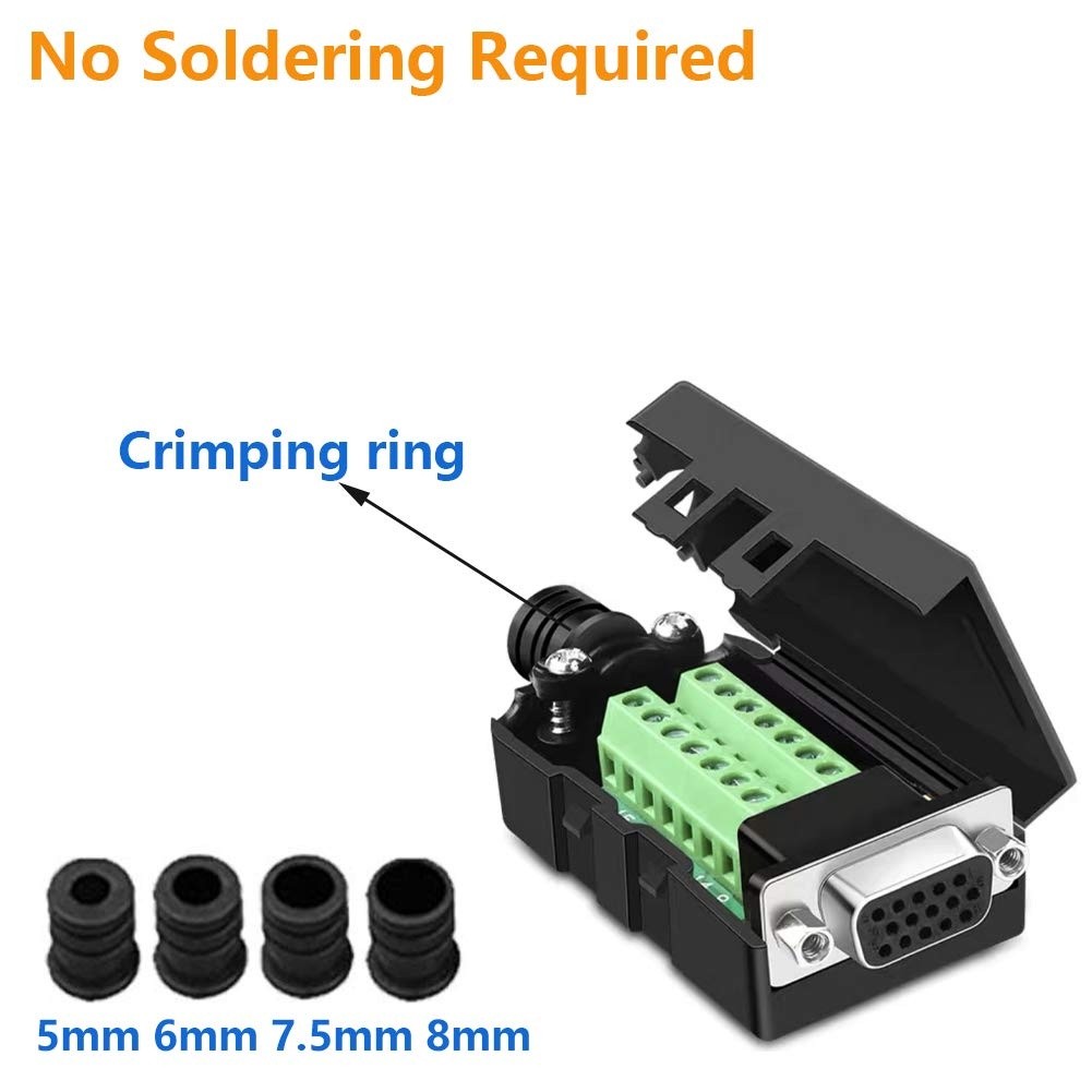 Jienk VGA DB15 3 Row Solderless Female Quick Connector 3+9 D-SUB 15 Pin Port Terminal Solderfree Breakout Connector Board with Case Accessories(2 Pack)