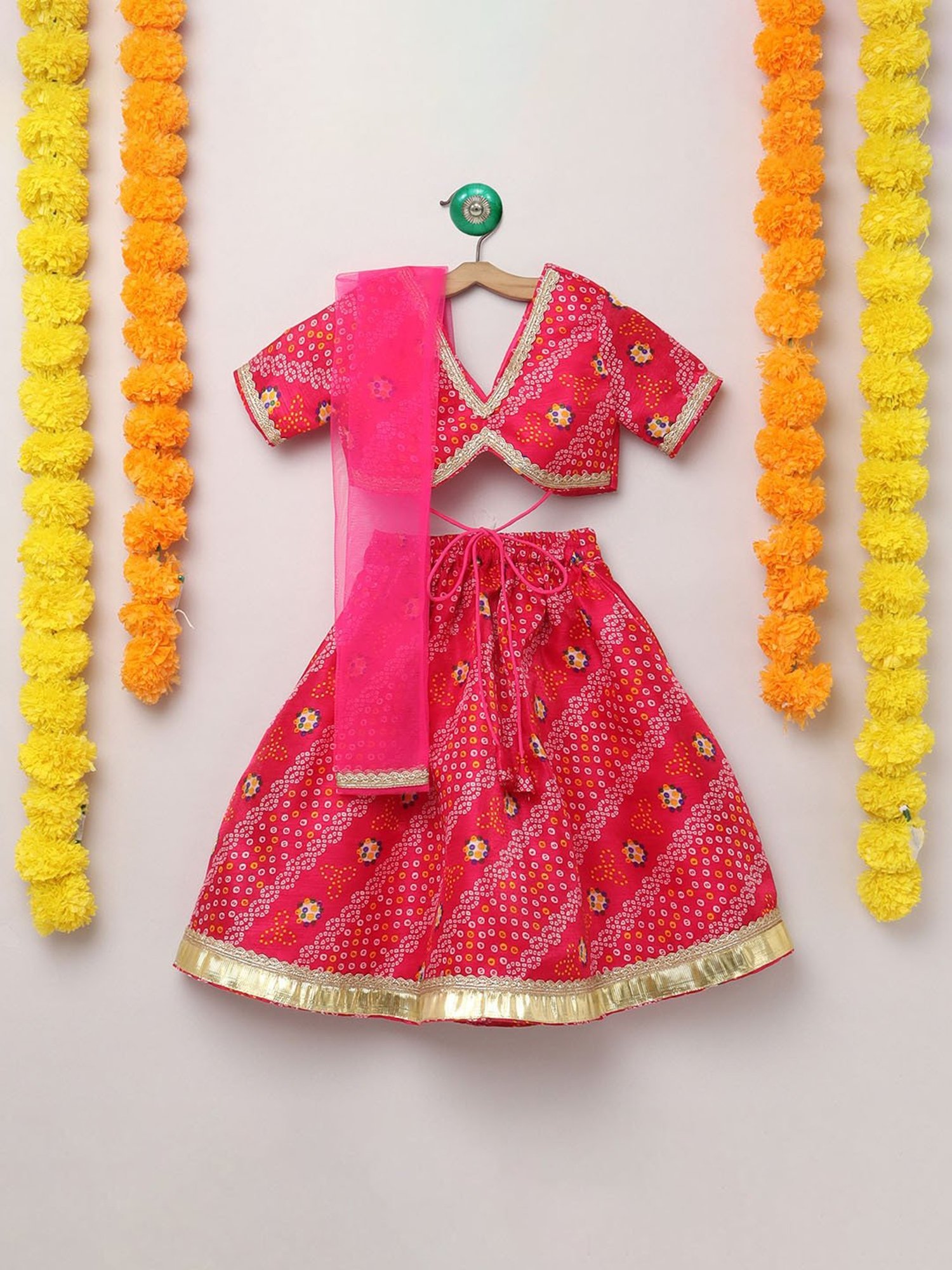 Many Frocks Kids Pink Printed Lehenga with Choli and Dupatta
