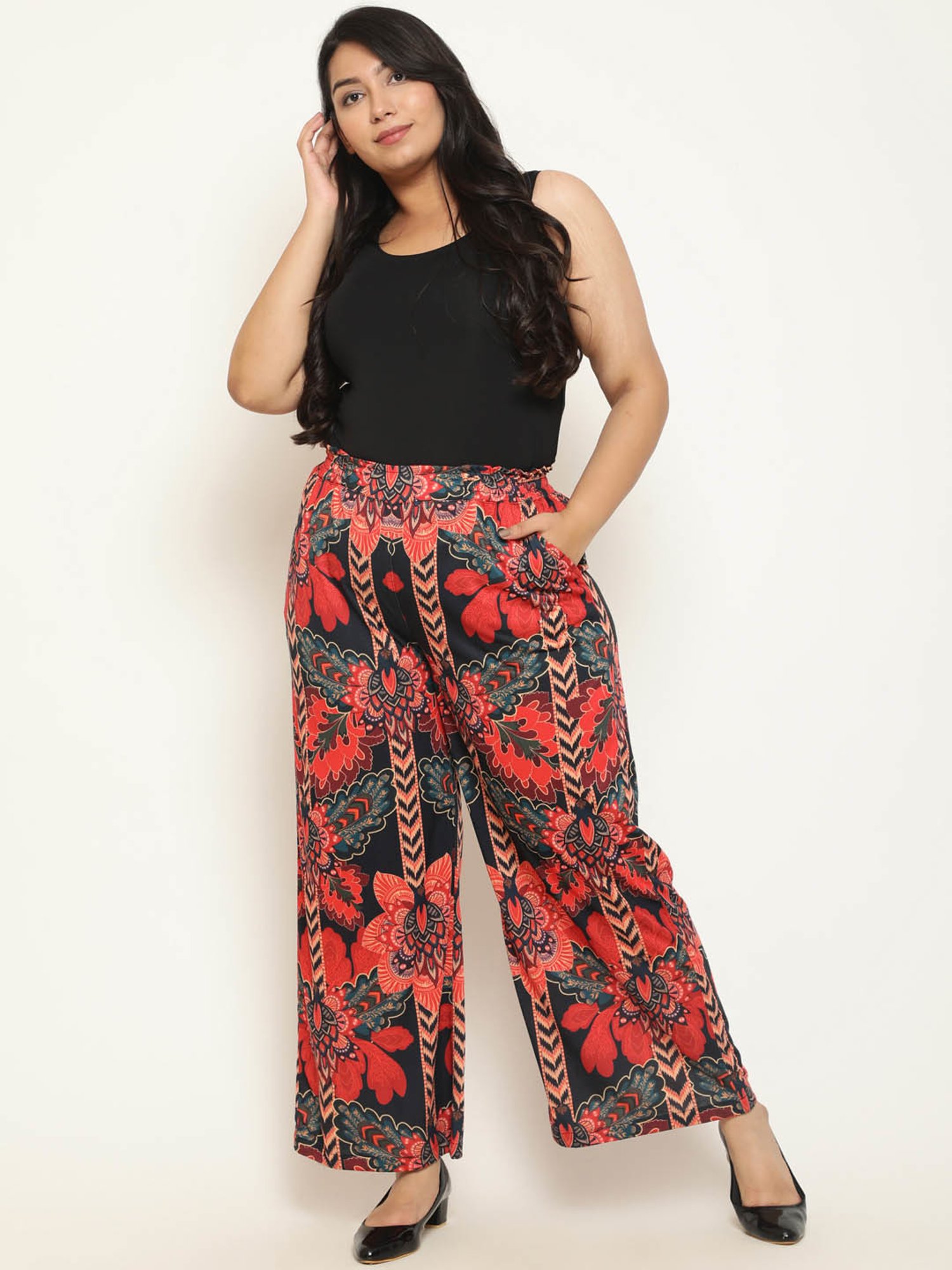 Amydus Black & Red Floral Print Regular Fit High Rise Pants