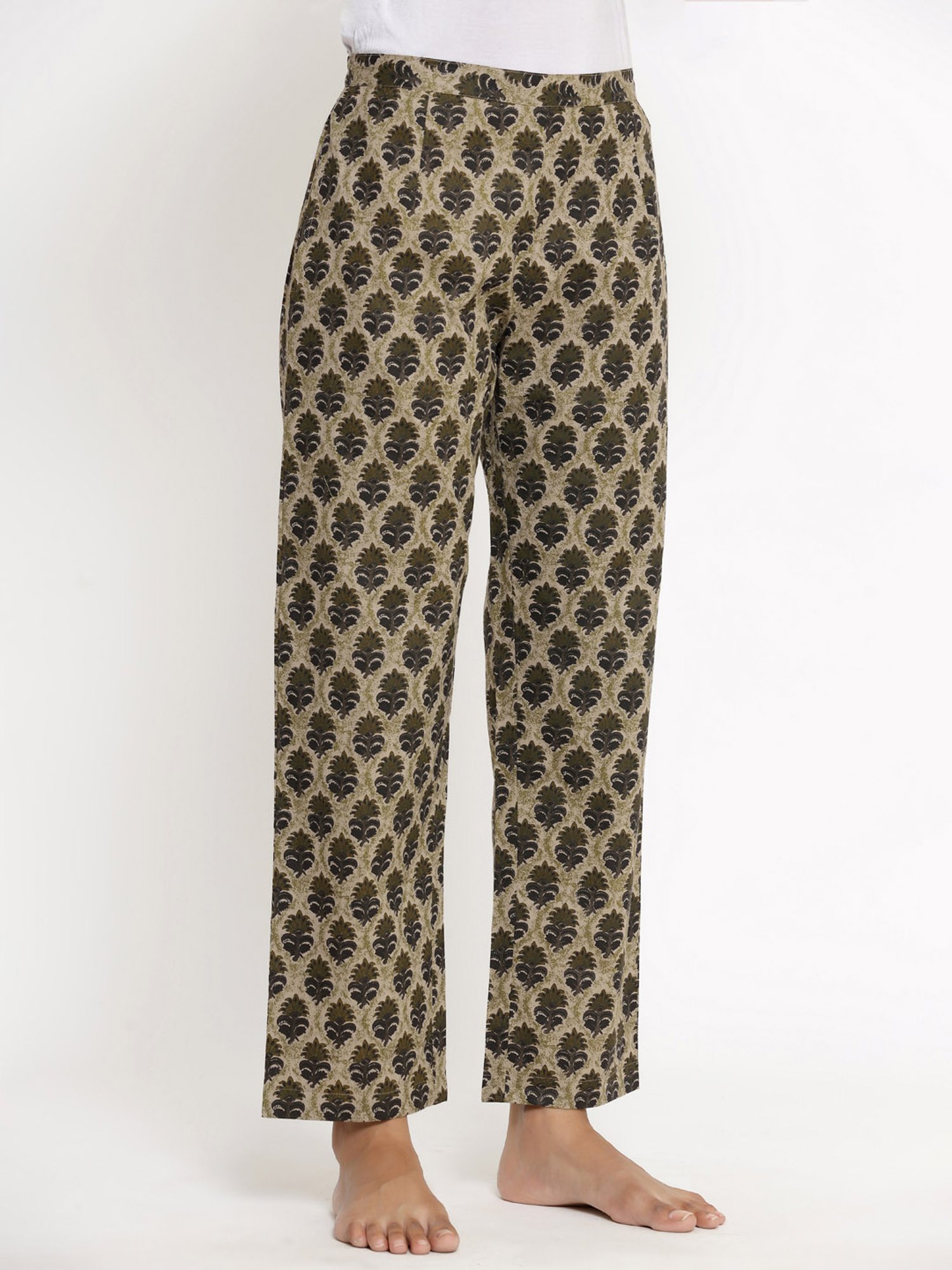 Kipek Beige & Green Cotton Printed Tunic Pyjama Set