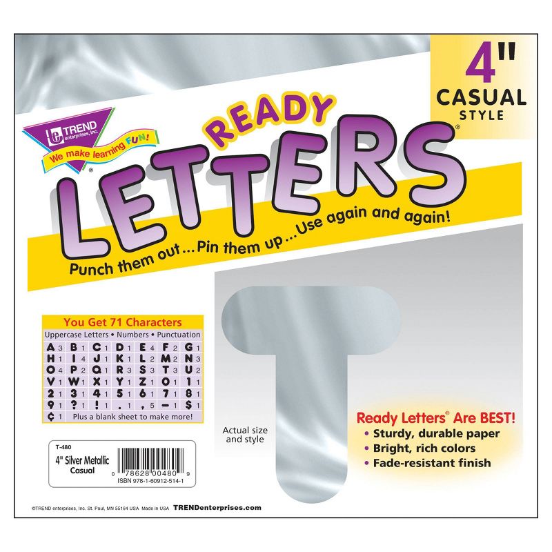 3pk 4" 71 per Pack Casual Uppercase Ready Letters Metallic Silver - TREND