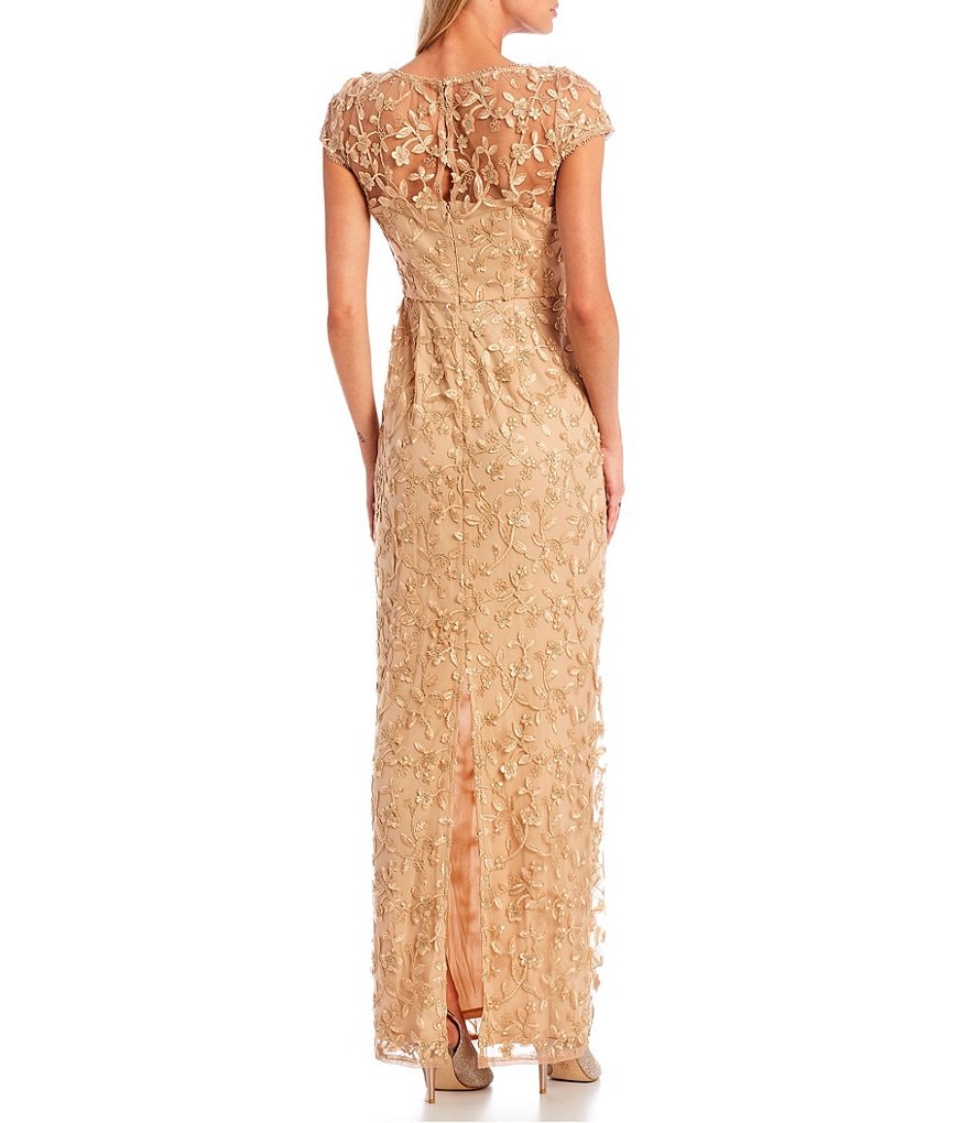 Adrianna Papell Metallic Cap Sleeve V-Neck Embroidered Column Gown