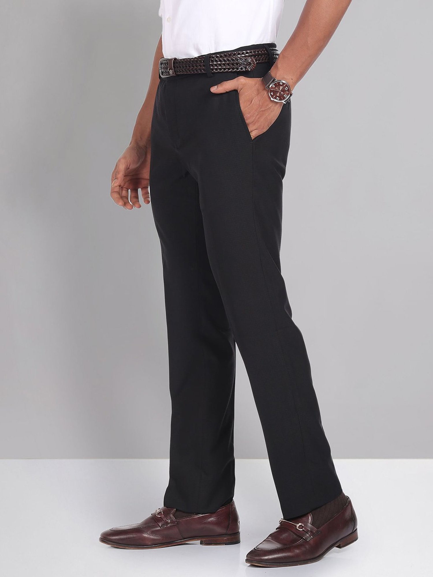AD by Arvind Black Slim Fit Flat Front Trousers