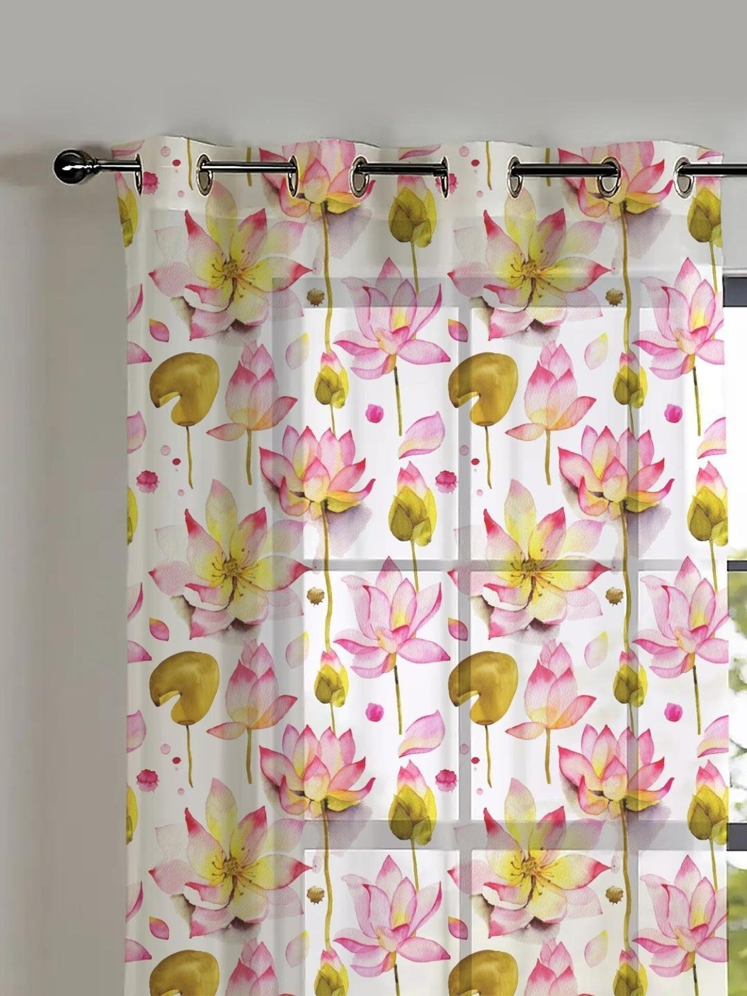 SPACES DRAPE STORY Elegent Floral Mustard Yellow & Pink Polyester 5 ft Window Curtains - Set of 2