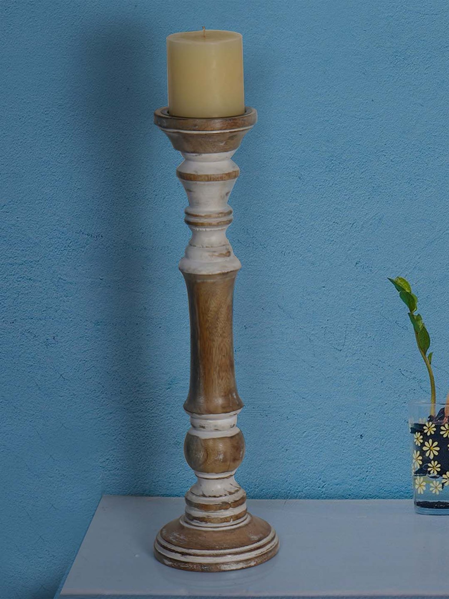 FOS LIGHTING Brown & White Wood Candle Holder without Candle - Set of 1