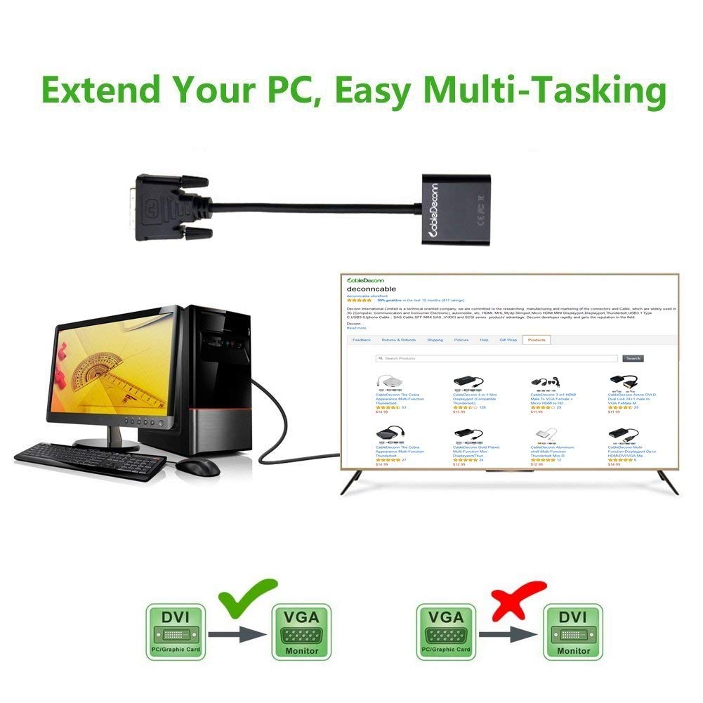CableDeconn DVI 24+1 DVI-D M to VGA Male With Micro USB Active Adapter Converter Cable for PC DVD Monitor HDTV