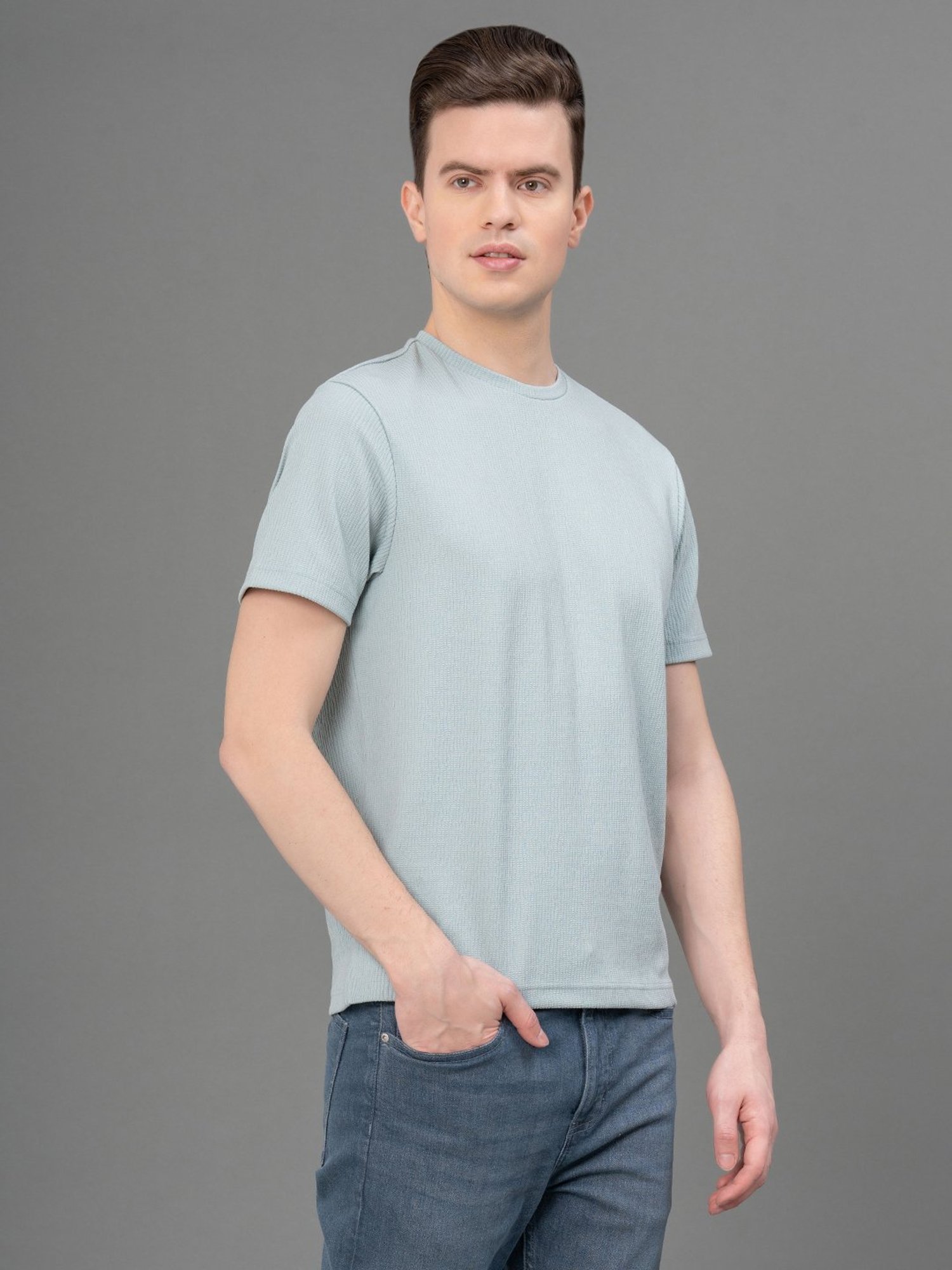 Red Tape Pastel Green Regular Fit Self Design Crew T-Shirt