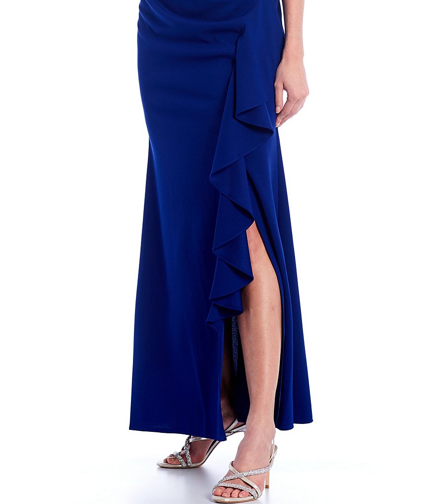 Ignite Evenings Sleeveless Embellished Side Ruffle Gown