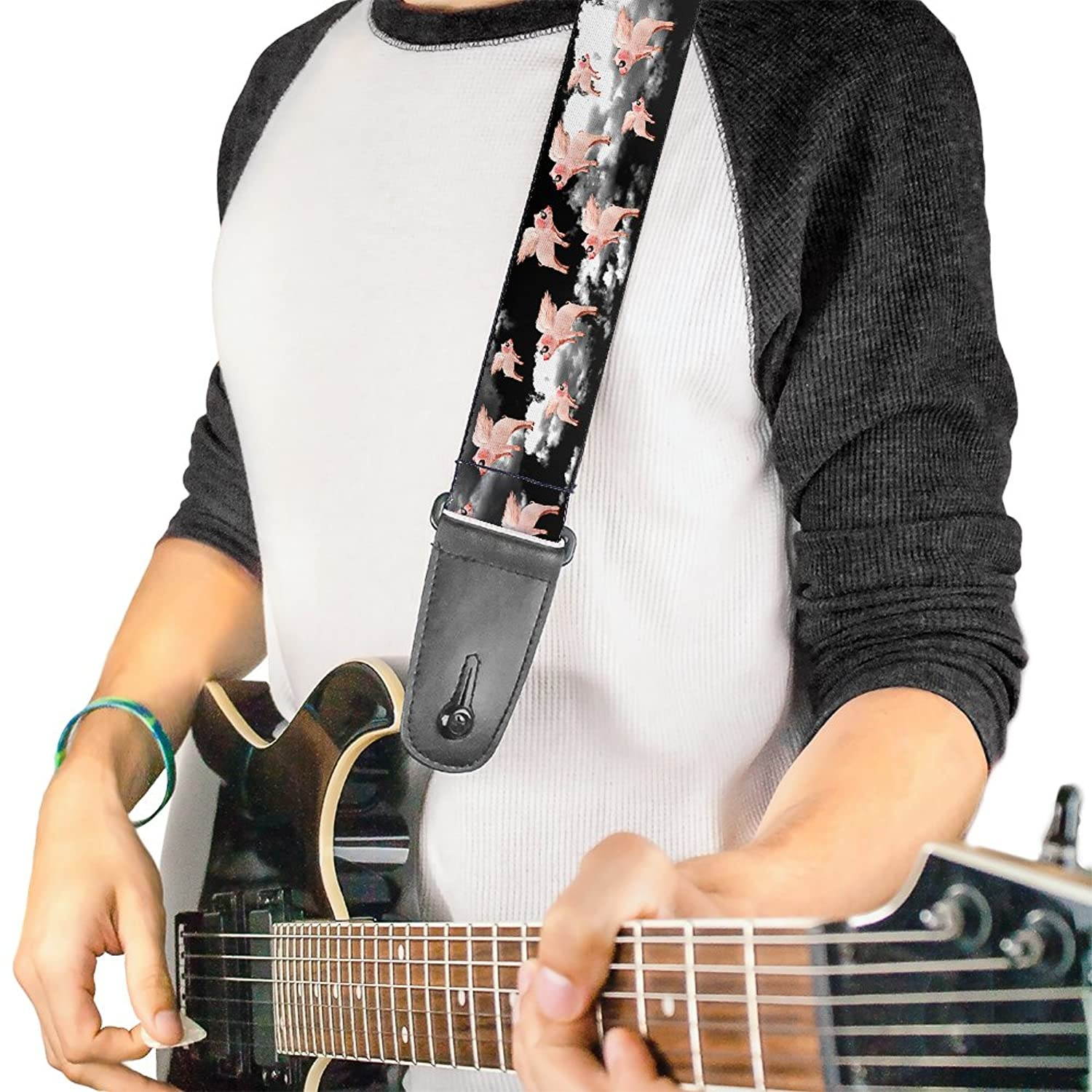Guitar Strap Flying Pigs Black White Pink 2 Inches Wide