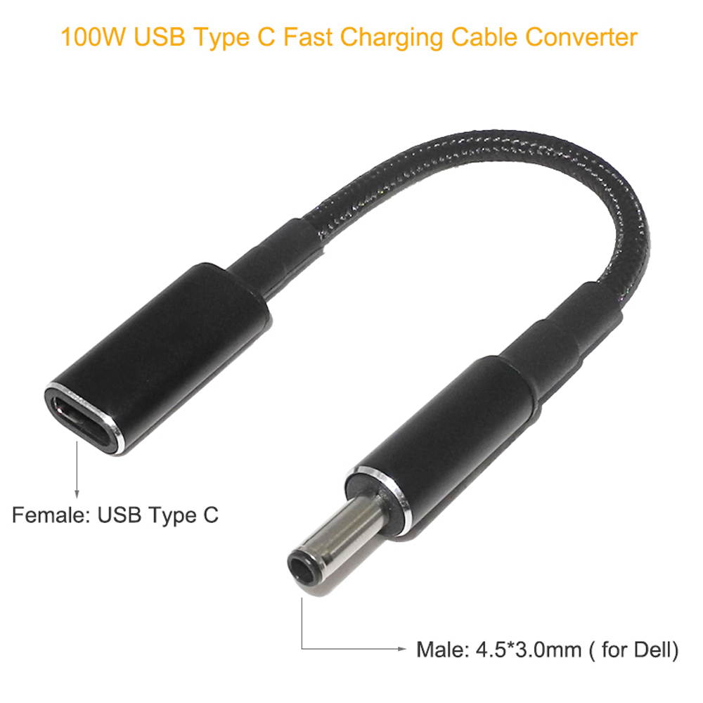 (2-Pack) 100W USB C Type C Female to 4.5x3.0mm DC Tip (Black Tip) PD Power Adapter Converter Cable for Dell 90W or below Laptops