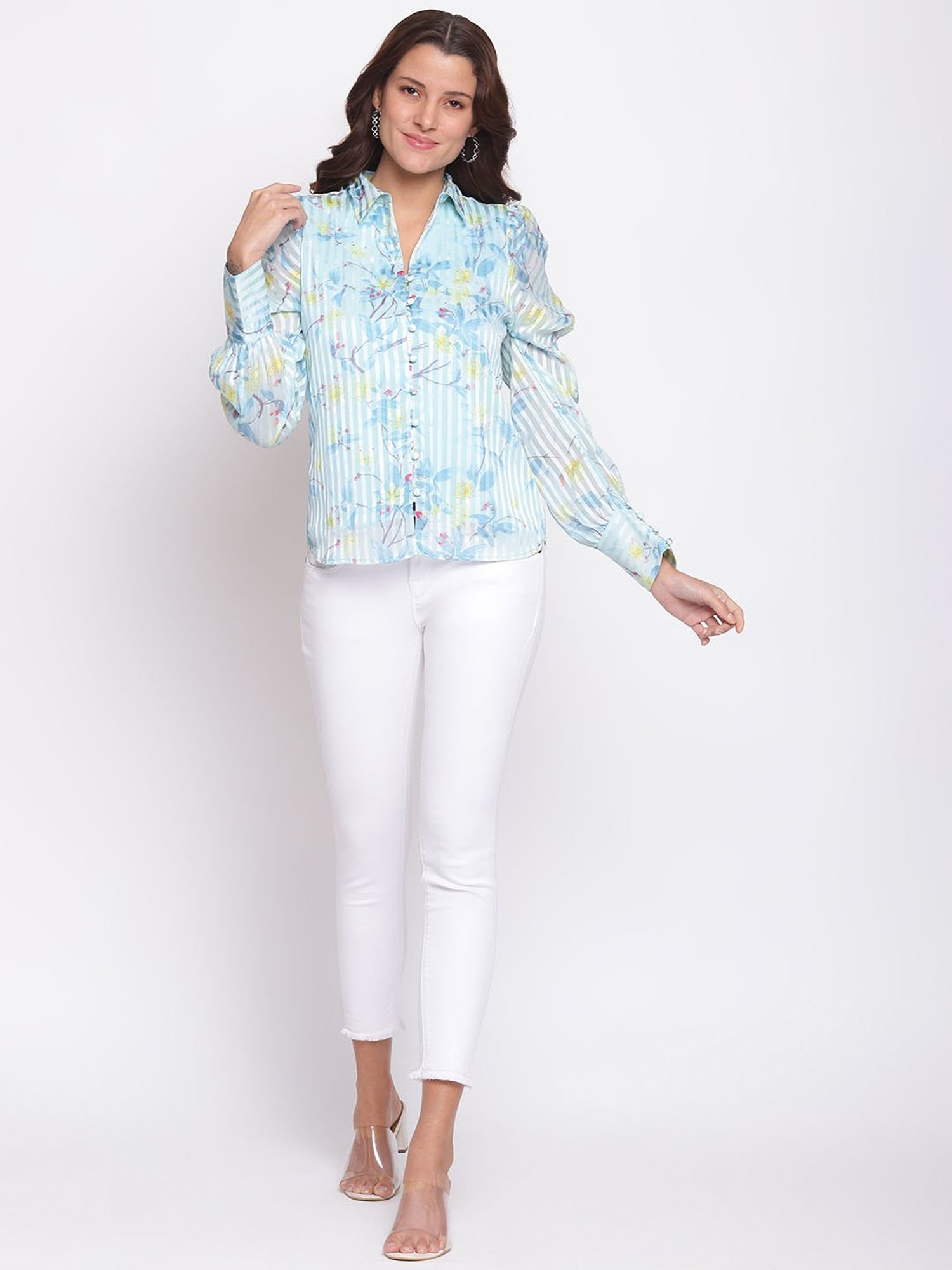 Latin Quarters Light Blue Floral Print Top