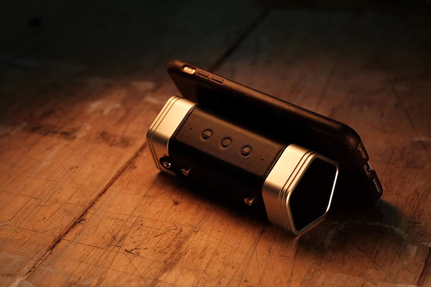 Leatherweight Portable Bluetooth Speaker, Genuine Leather and Metal Retro Wireless Speaker with All-Round Sound, Enhanced Bass and Long Lasting Battery Life (Black & Silver)