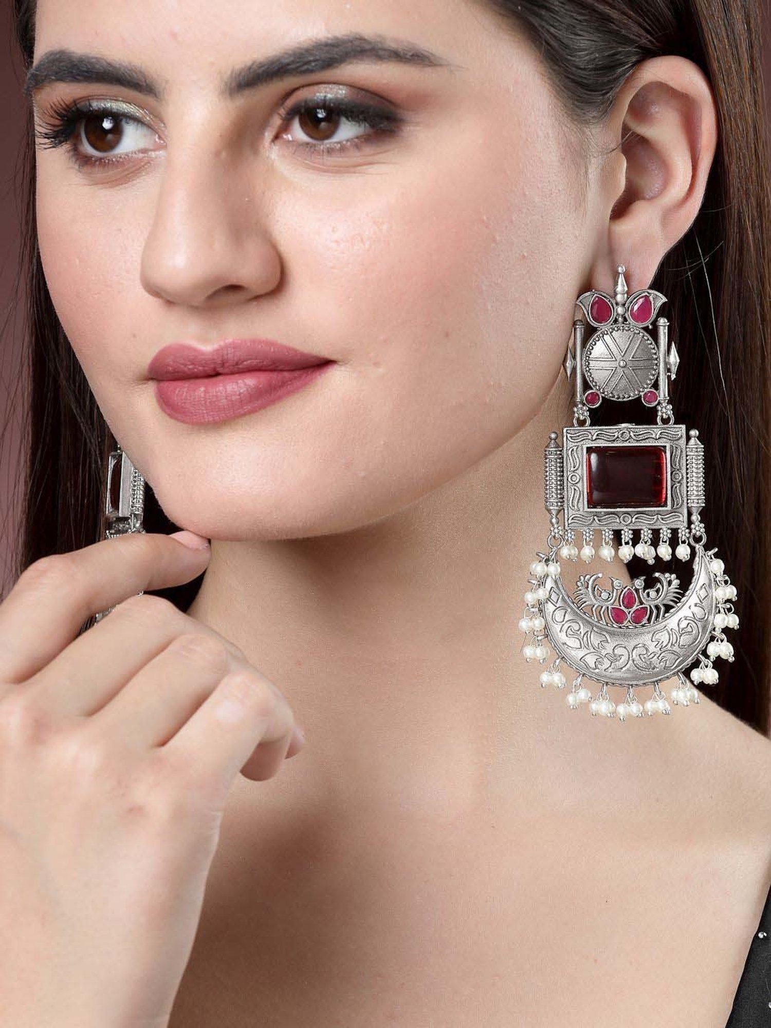 NVR Silver-Plated Artificial Stones and Beads Chand Bali Earrings for Women