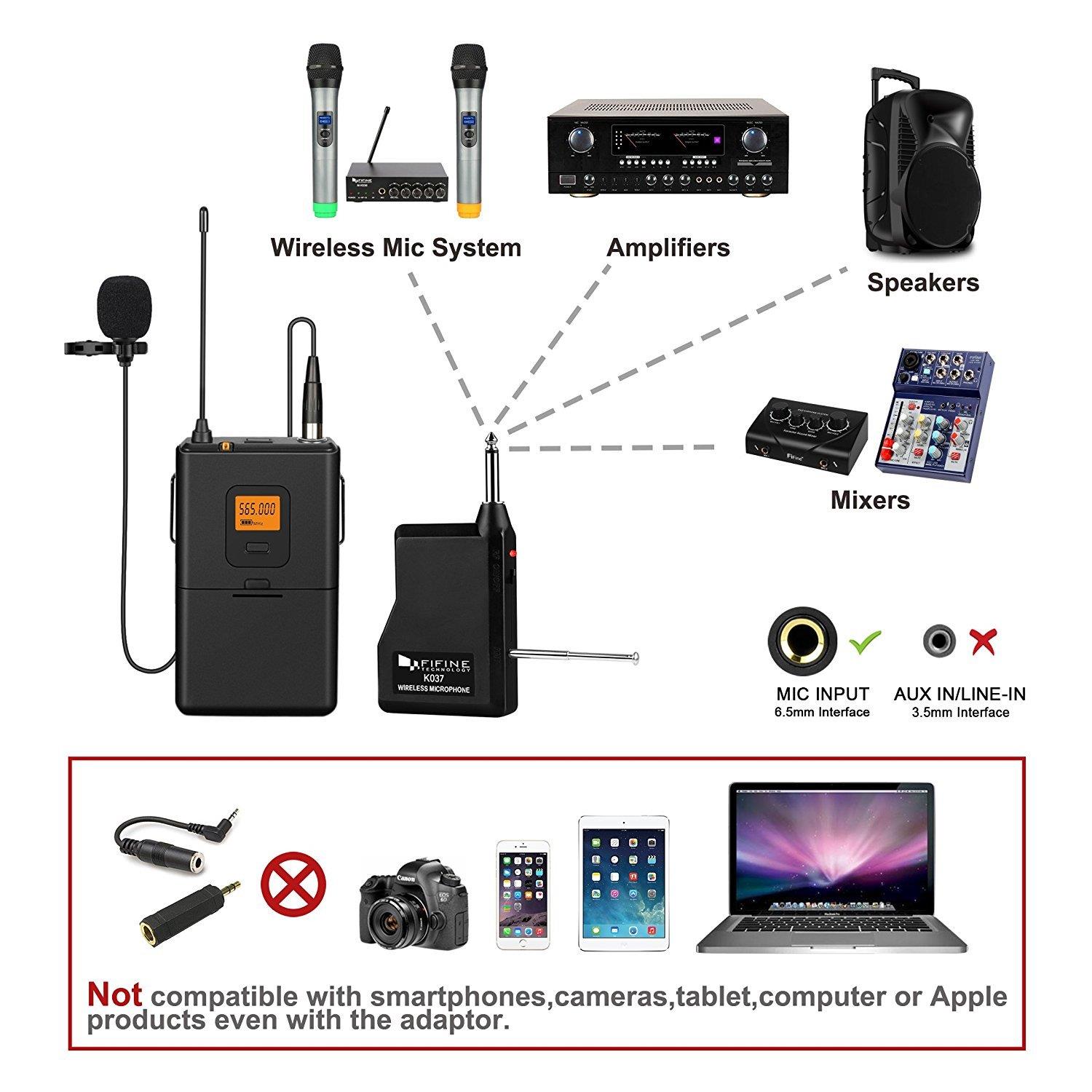 FIFINE 20-Channel UHF Wireless Lavalier Lapel Microphone System with Bodypack Transmitter, Mini XLR Female Lapel Mic and Portable Receiver, Quarter Inch Output. Perfect for Live Performance-K037