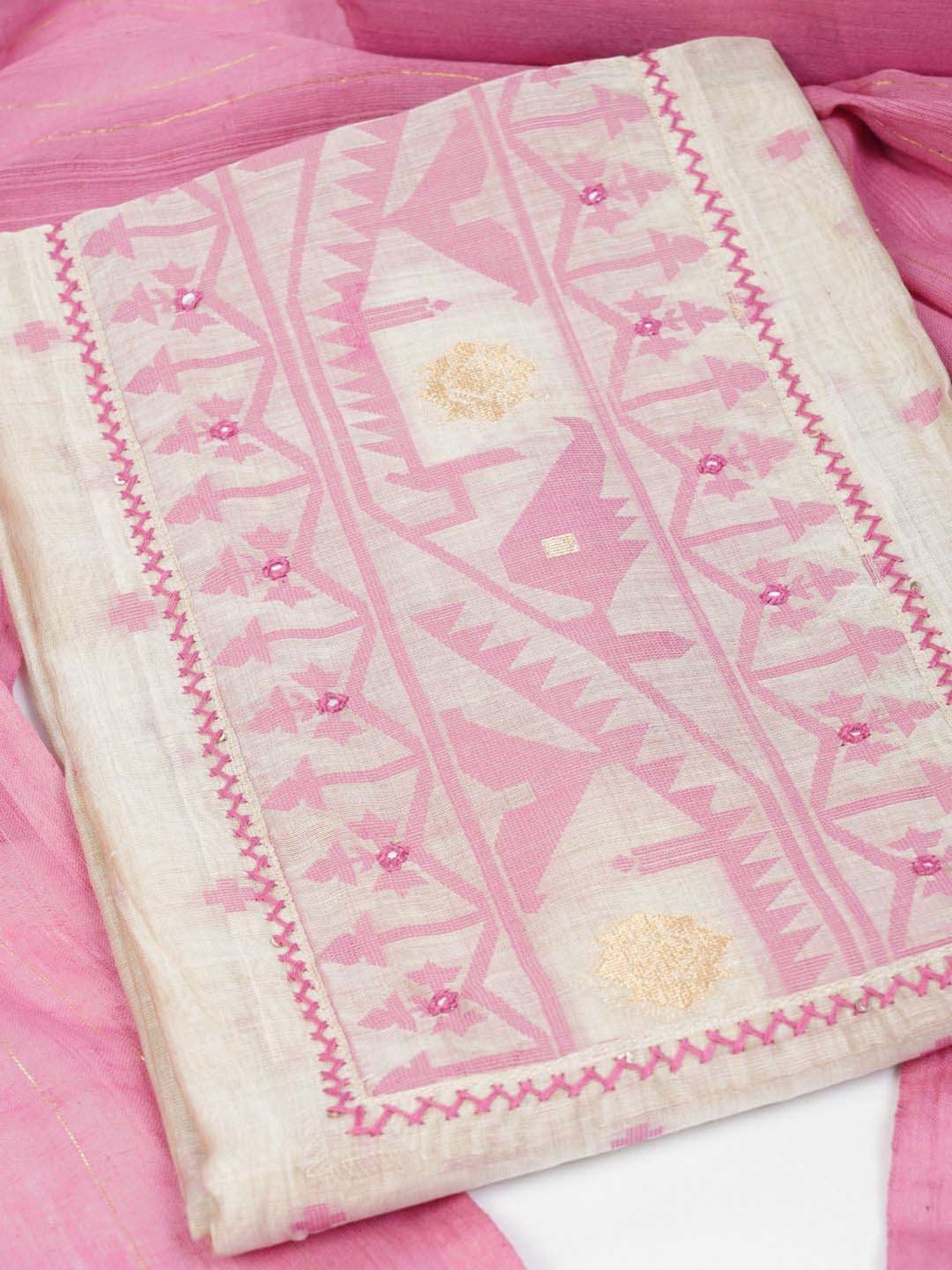 Kami Kubi White & Pink Embroidered Unstitched Dress Material