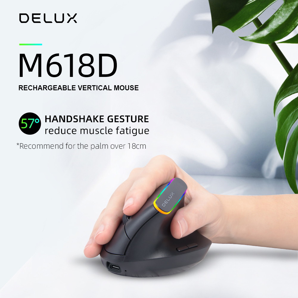 DELUX 2.4G Wireless Vertical Mouse, Rechargeable Ergonomic Mouse with USB Receiver, 6 Buttons and 1600DPI, Ergo 57 Degree Design Reduce Hand and Wrist Pressure for PC Laptp and Computer(M618D-Black)