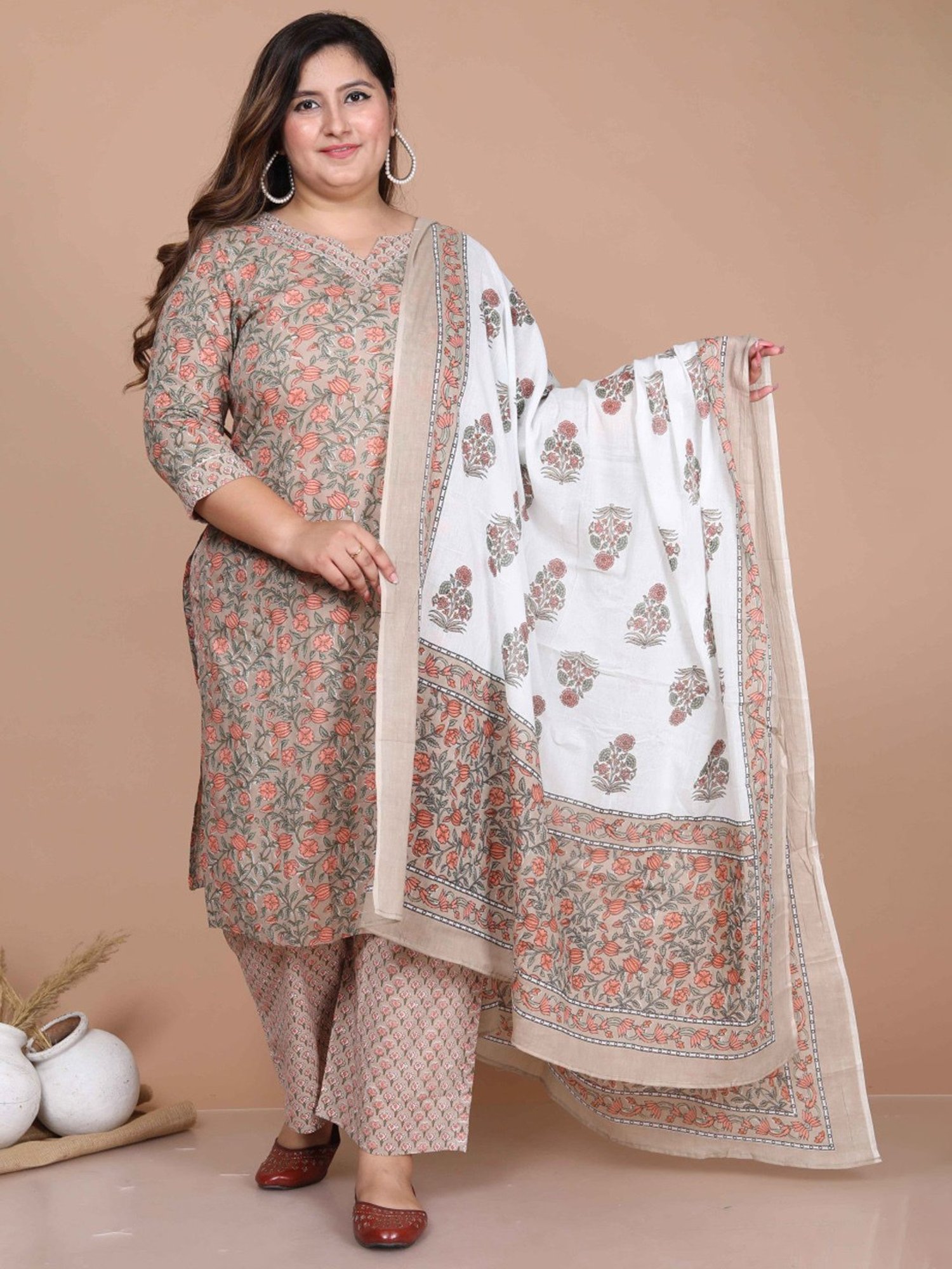 Miravan Beige Cotton Floral Print Kurta Palazzo Set With Dupatta