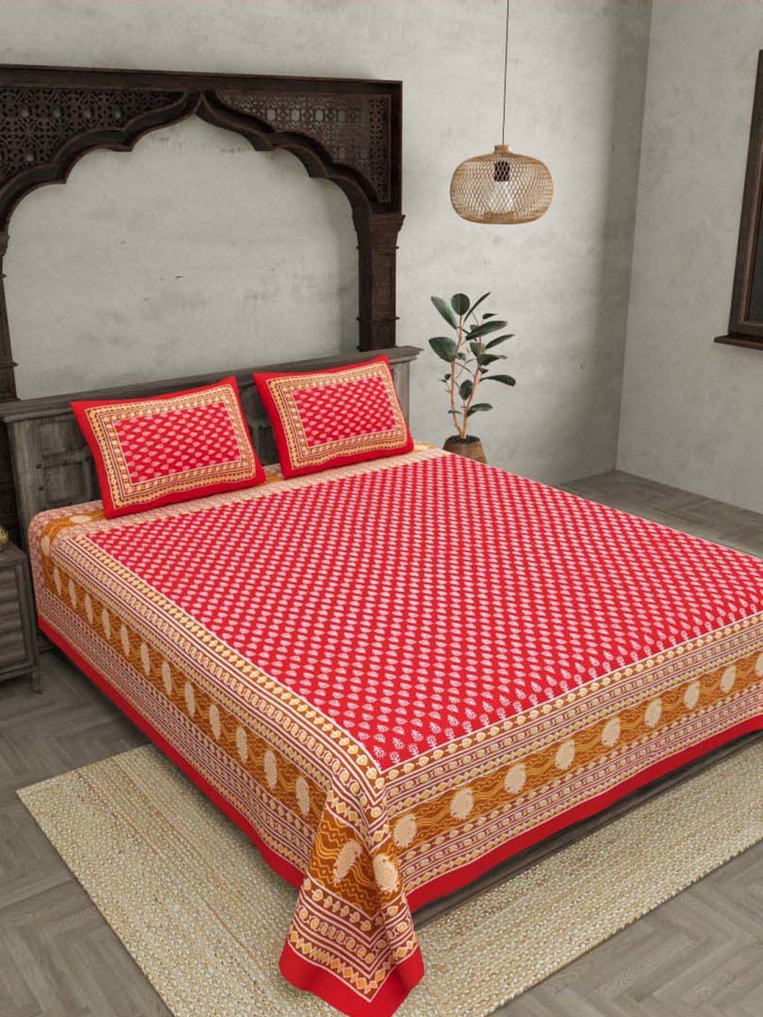 JaipurFabric Red 100% Pure Cotton 120 TC Double Bedsheet with 2 Pillow Covers