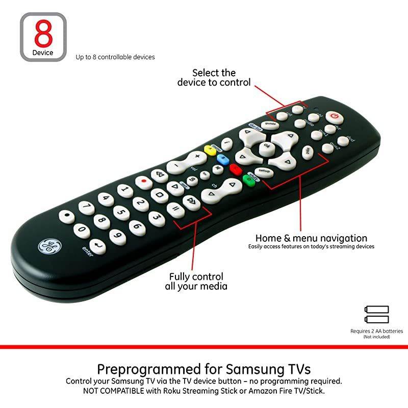 Universal Remote Control for Samsung, Vizio, Lg, Sony, Sharp, Roku, Apple TV, TCL, Panasonic, Smart TVs, Streaming Players, Blu-Ray, DVD, Simple Setup, 8-Device, Black, 33715