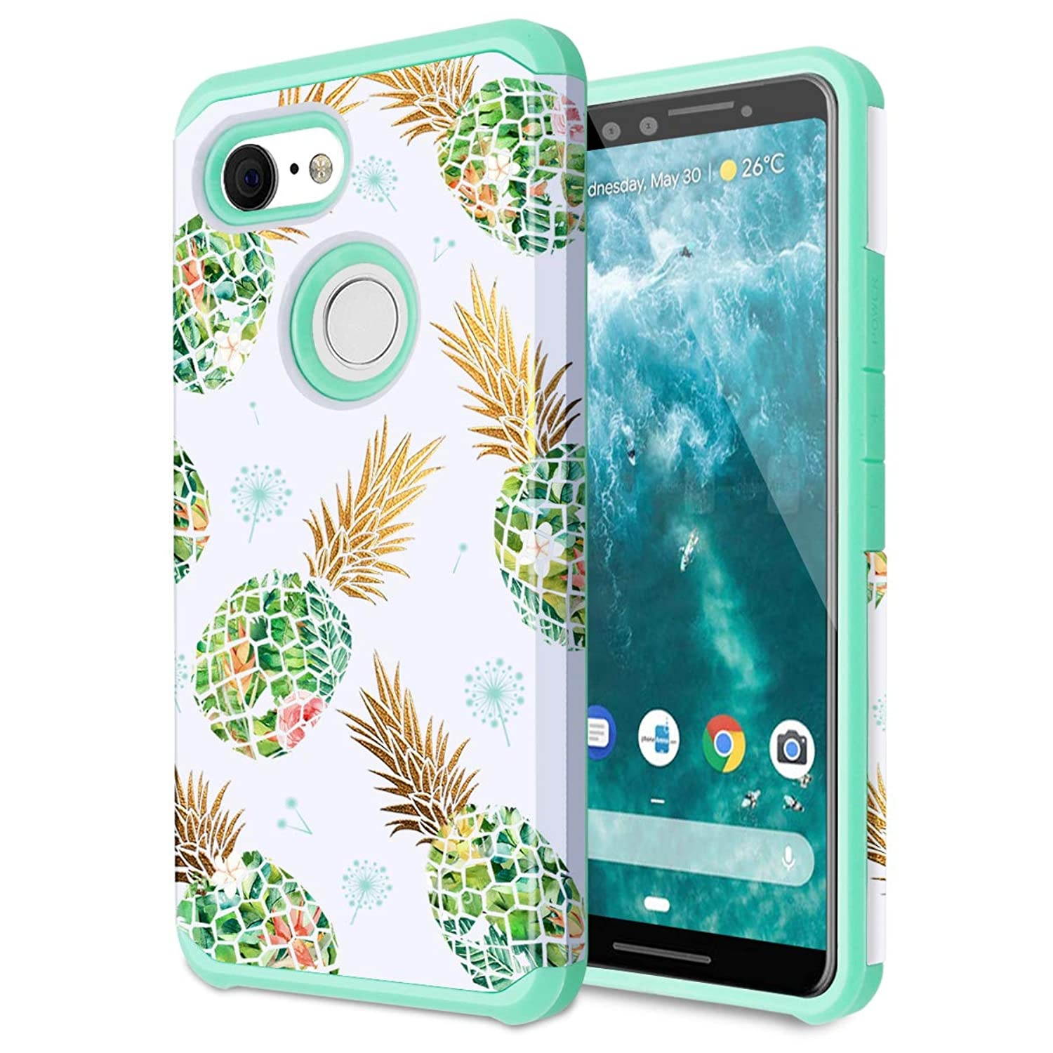 Fingic Google Pixel 3 Case, Pixel 3 Case Pineapple Floral Design Slim Case Hard PC Soft Rubber Anti-Scratch Shockproof Protective Slim Phone Case Cover for Google Pixel 3 (2018) - Mint Green