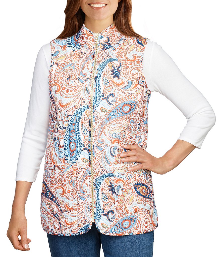 Ruby Rd. Petite Size Soft Paisley Print Stand Collar Zip Front Patch Pocket Vest