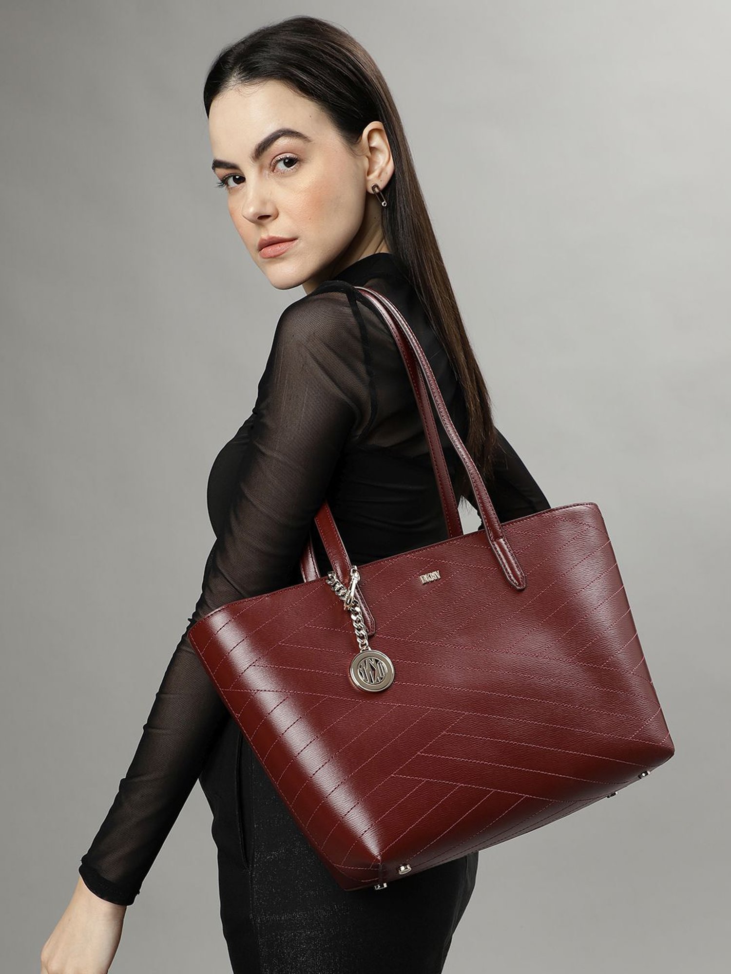 Dkny Red Leather Textured Tote Handbag