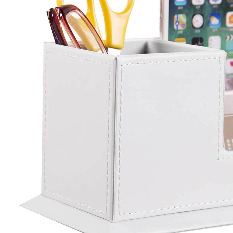 PU Leather Desk Organizer with 4 Compartments, Card/Pen/Pencil/Mobile Phone Stand Office Supplies Holder Desktop Remote Caddy, Home and College Dorm Decor Accessories Storage Box for Women