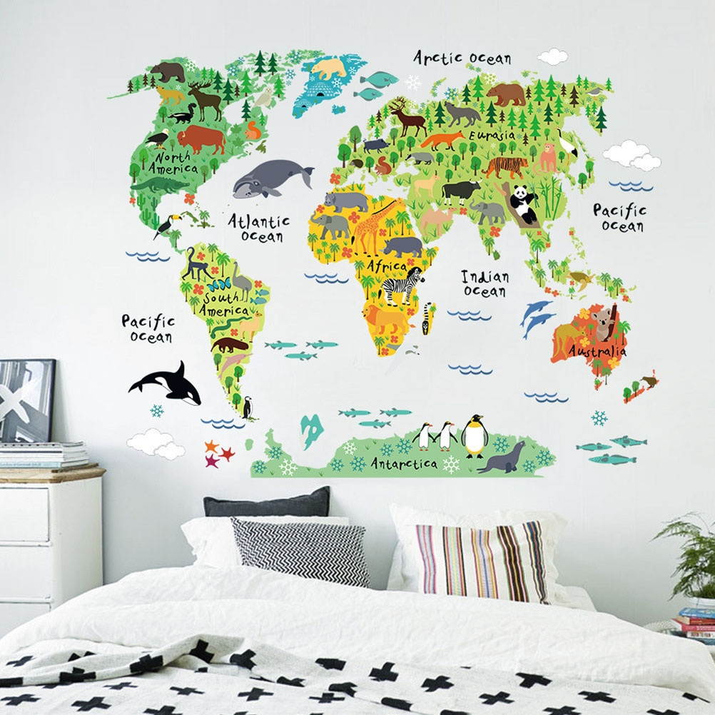 2pcs Animal World Map Sticker Chic Wallpaper Unique Wall Decal Decorative Sticker for Kids Room Home