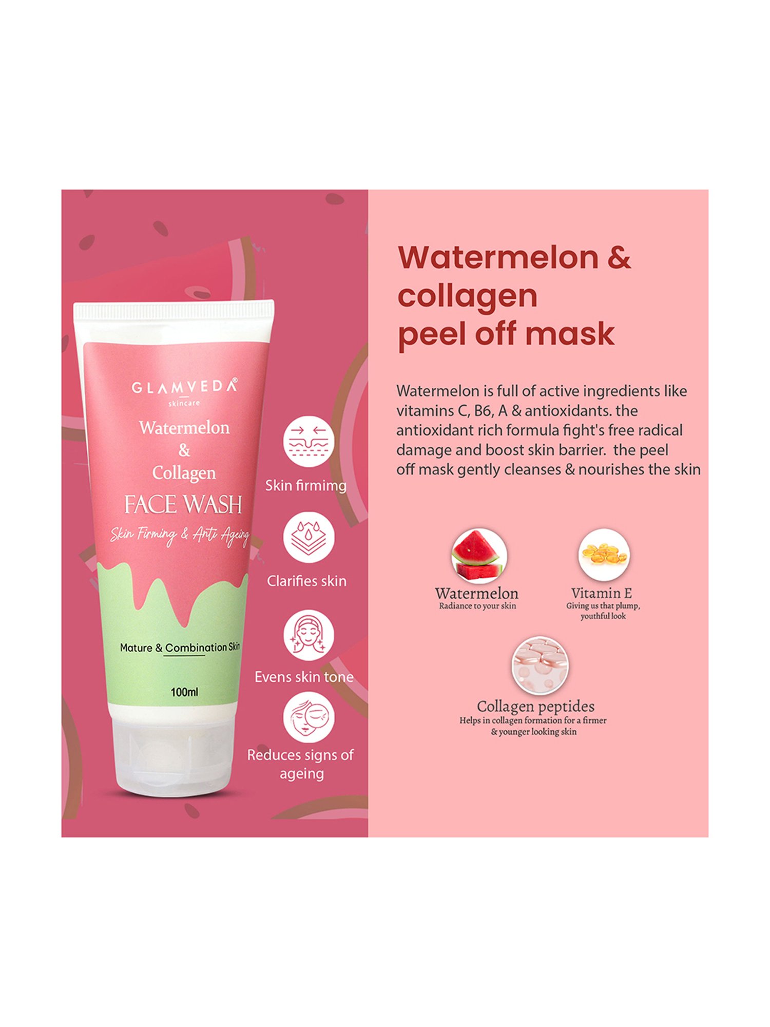Glamveda Watermelon & Collagen Face Wash, Facial Kit and Peel Off Mask Combo