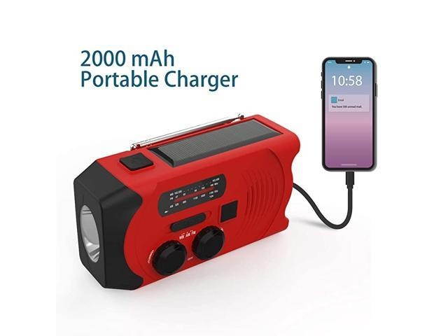 Version] Emergency Weather Radios SOS Alarm AM/FM NOAA Radio Hand Crank Self Powered LED Flashlight 2000mAh Power Bank Red with Multifunctional Climbing Button Carabiner (Black Lanyard)