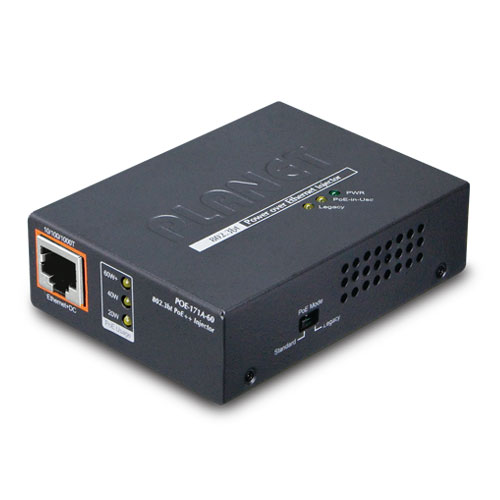 Planet POE-171A-60 Single-Port 10/100/1000Mbps 802.3bt Ultra PoE Injector (60 Watts, Legacy mode support, PoE Usage LED) w/ external power adapter