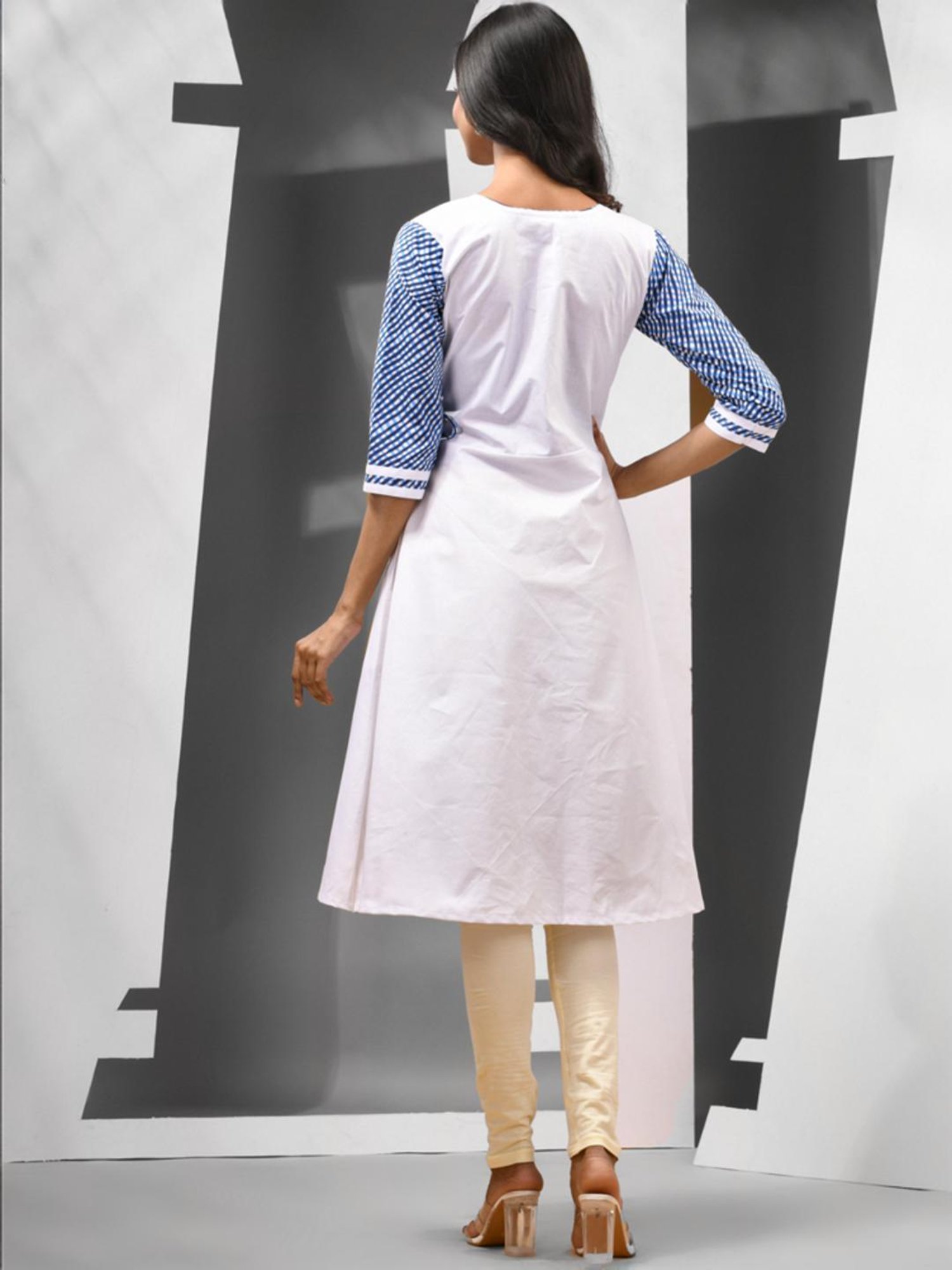 CHARUKRITI Blue & White Cotton Printed Angrakha Kurta