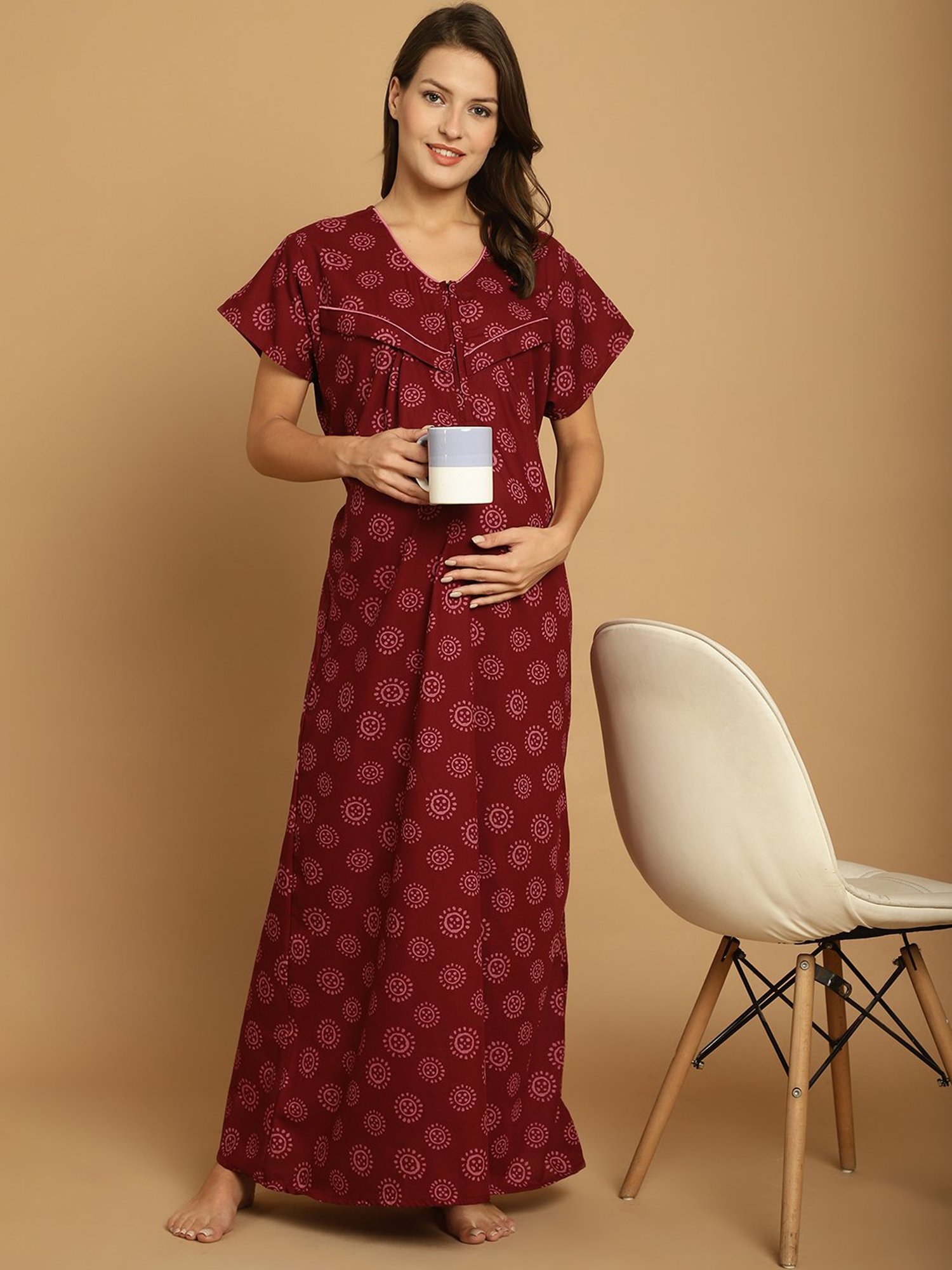 Secret Wish Maroon Printed Maternity Night Dress