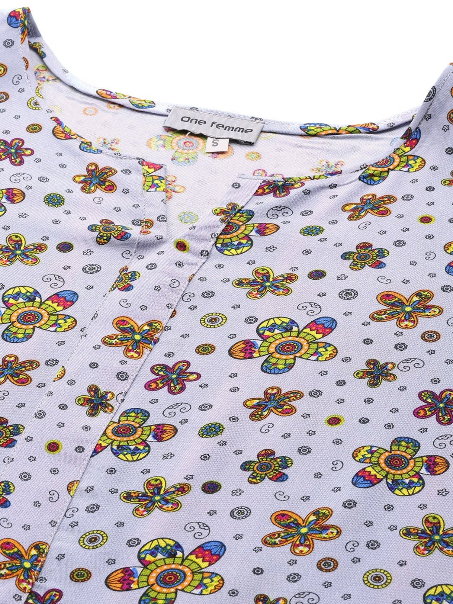 One Femme Grey Floral Print A Line Kurti