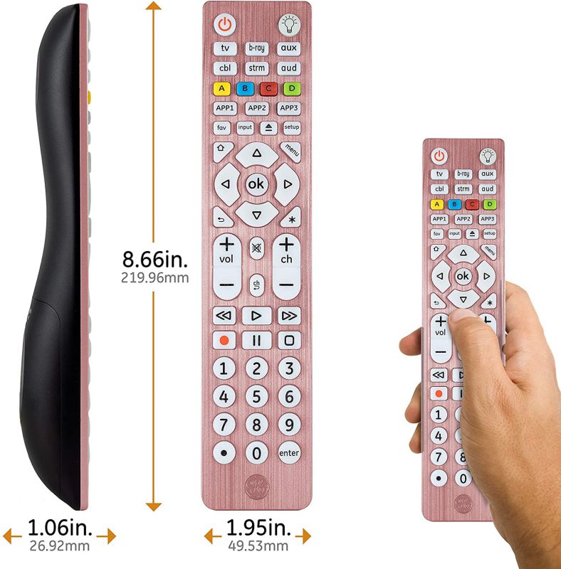 GE 6-Device Backlit Universal Remote Control for Samsung, Vizio, Lg, Sony, Sharp, Roku, Apple TV, Smart TVs, Streaming Players, Blu-Ray, DVD, Master Volume Control, Rose, 47505