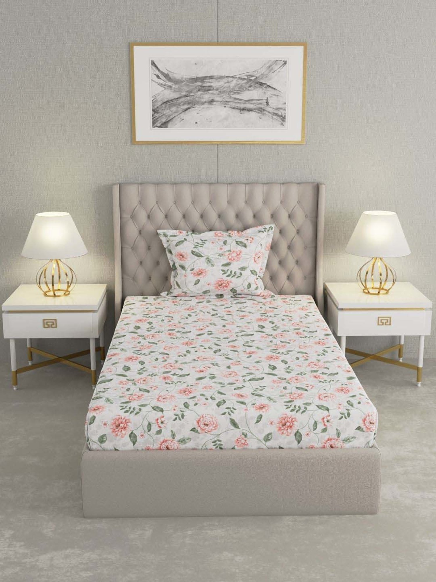 Raymond Home Delight White & Pink 104 TC Cotton Single Bedsheet with 1 Pillow Cover