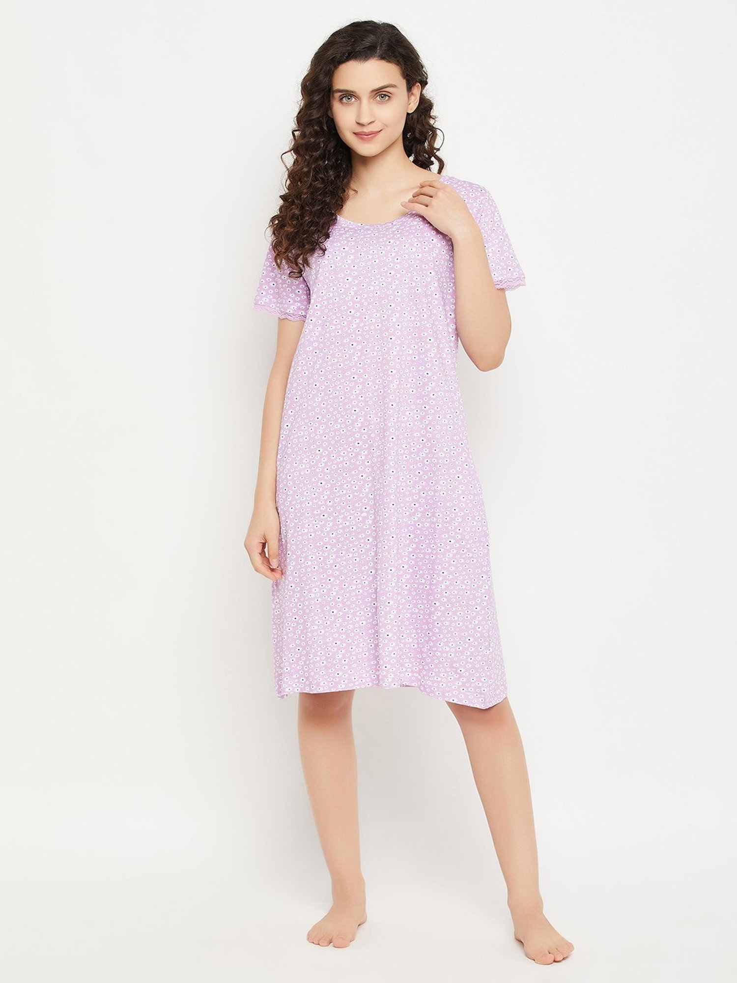 Clovia Lilac Printed Night Dress