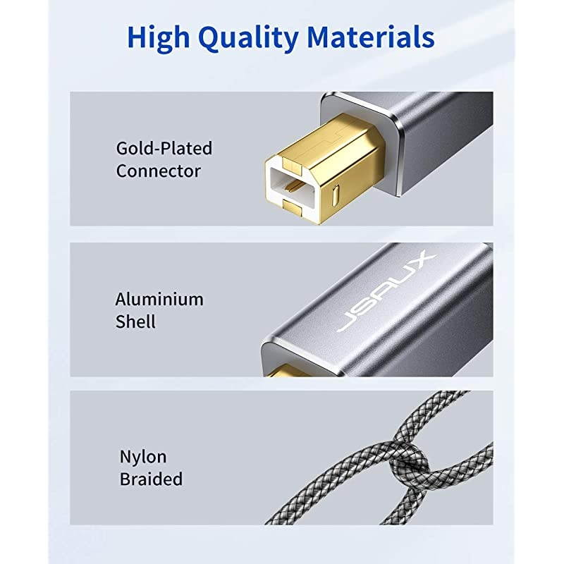 Cable JSAUX 66FT USB Cord 20 Type A Male to B Male Cable Scanner Cord High Speed Compatible with HP Canon Dell Epson Lexmark Xerox Samsung and More Grey