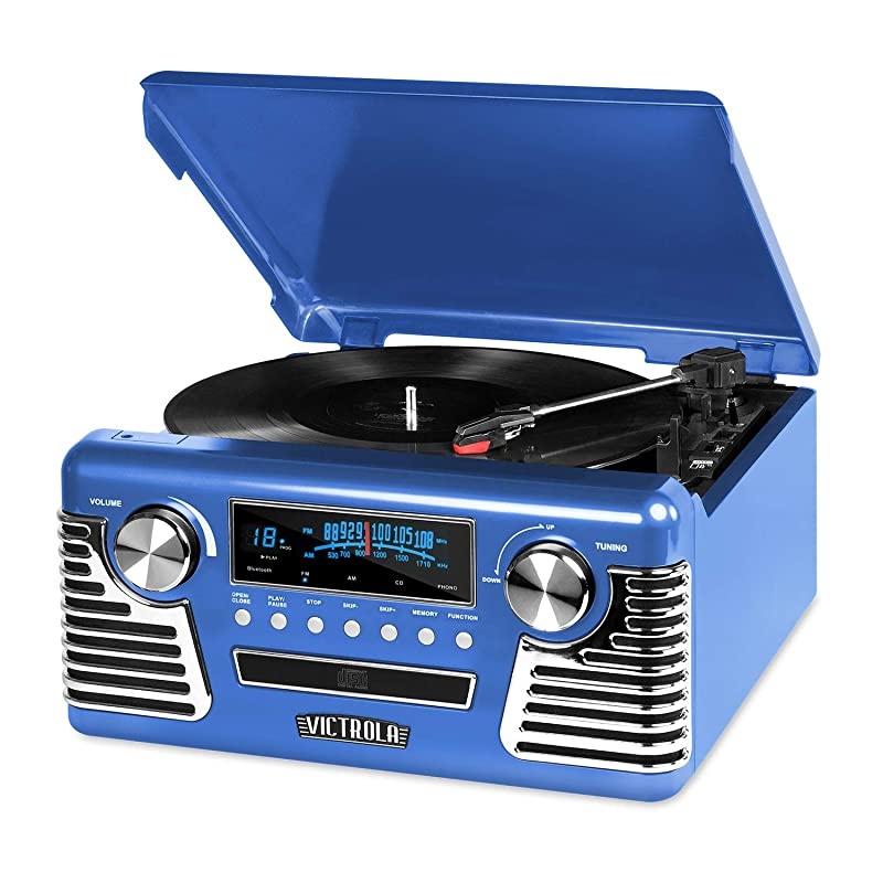 Retro Record Player with Bluetooth and 3-Speed Turntable (Blue)