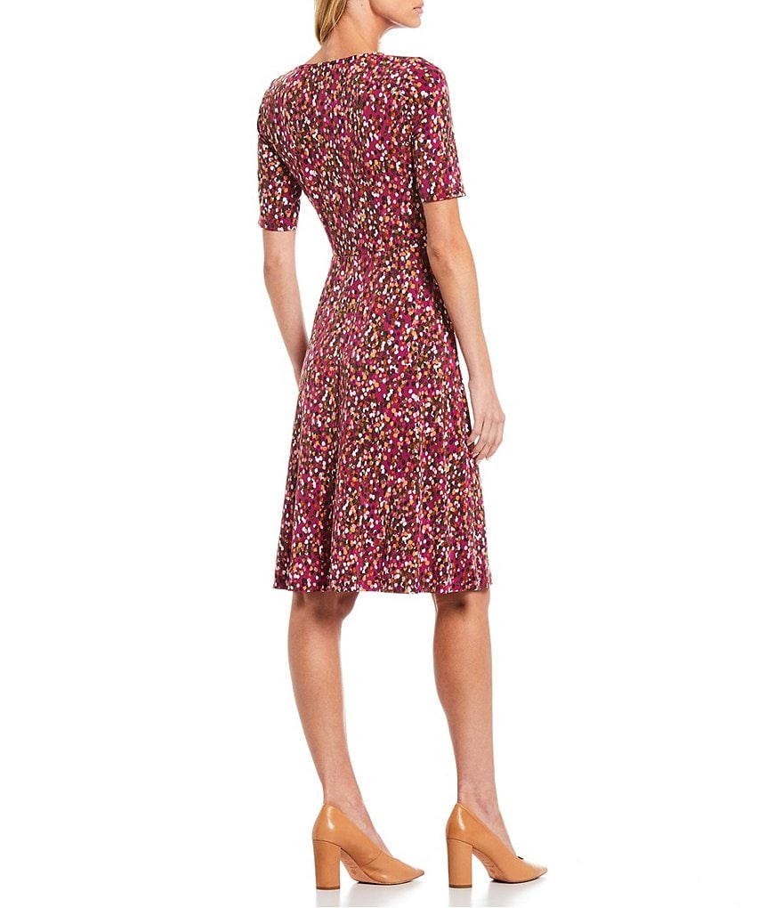 London Times Petite Size Printed Elbow Sleeve A-Line Matte Jersey Dress