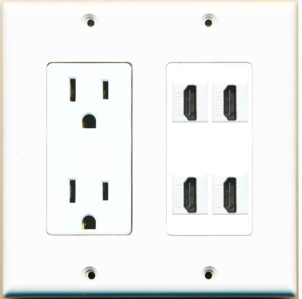 2 Gang DecorZ 15A Power Outlet 4 HDMI Wall Plate White