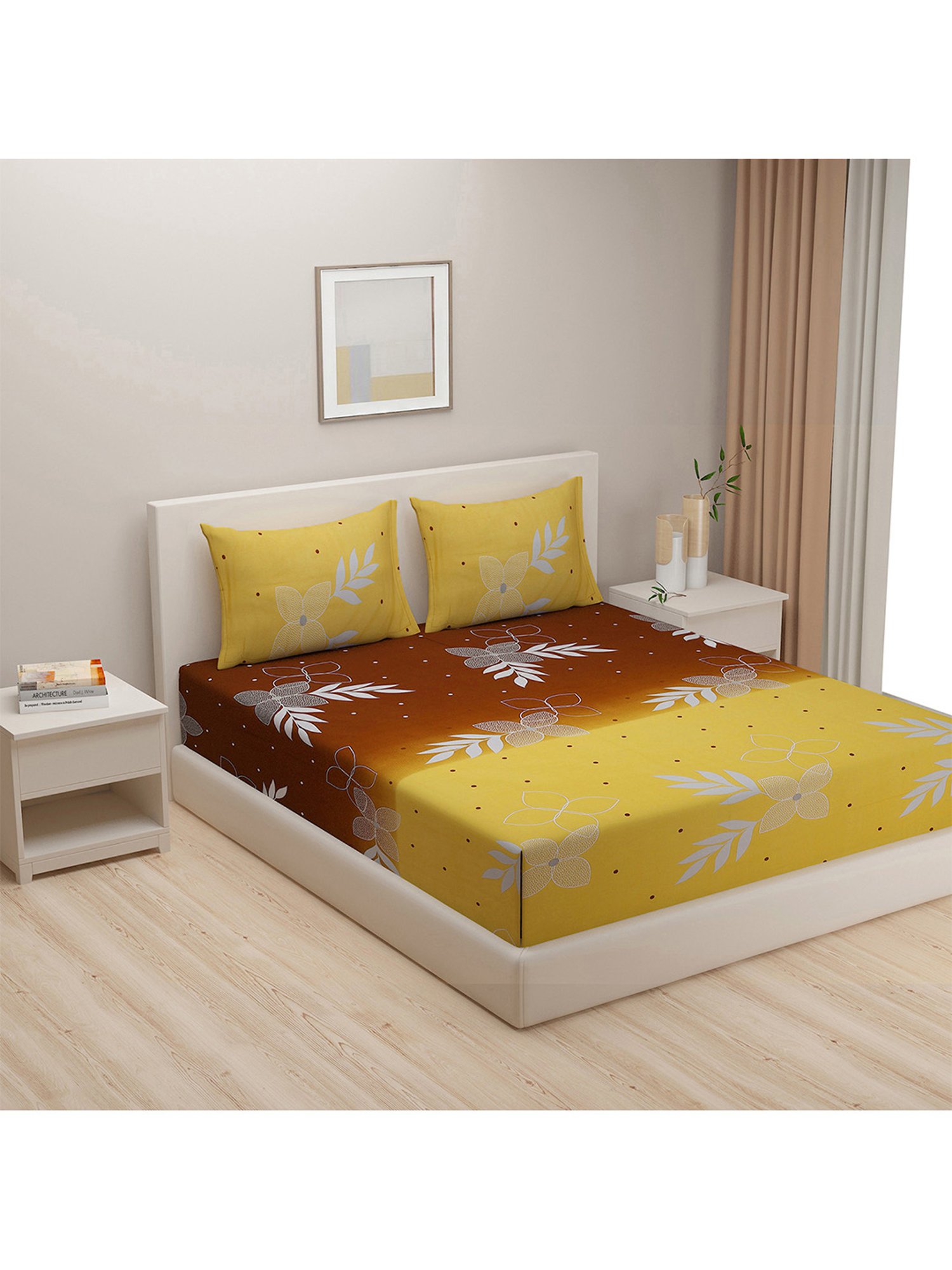 Swayam Zinnia Floral Brown & Yellow 240 TC Cotton King Bedsheet with 2 Pillow covers