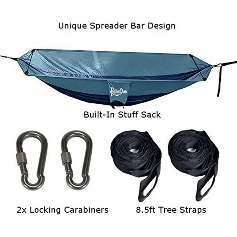 PahaQue Single Camping Hammock with Ergonomic Spreader Bar, Straps and Carry Bag Included, Navy Light Blue