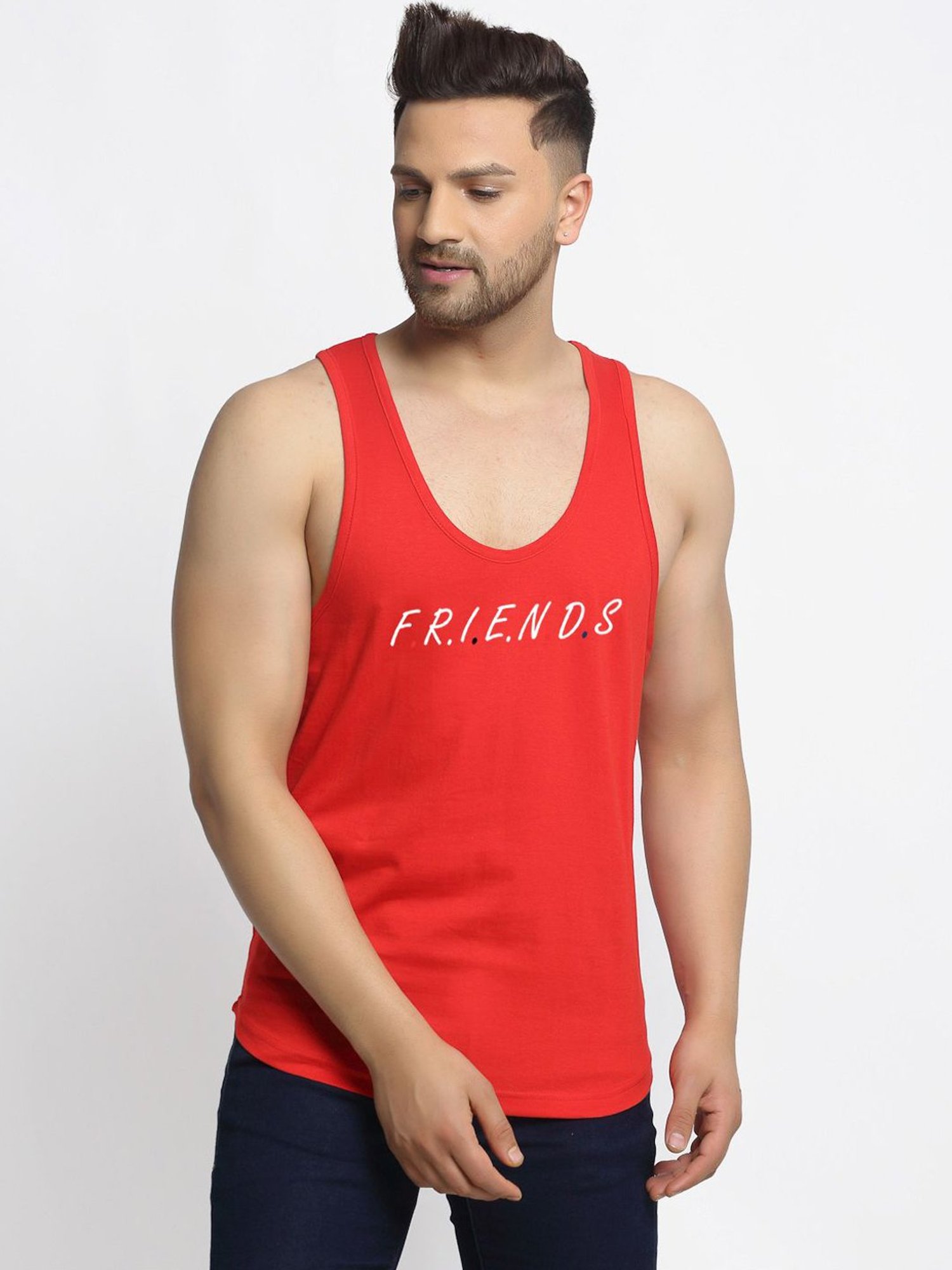 Friskers Multi Cotton Slim Fit Printed Gym Vest - Pack of 2