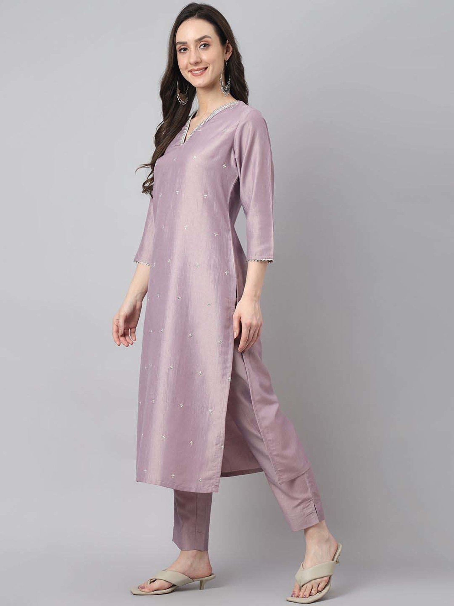 Janasya Lavender Embellished Kurta & Pant Set With Dupatta