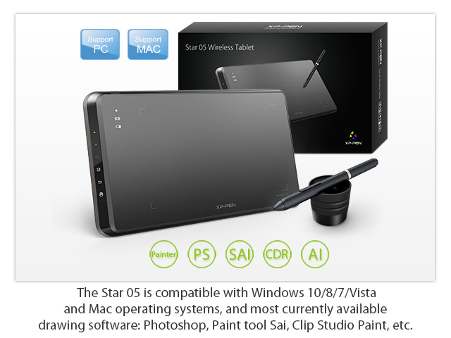 XP-Pen Star05 Wireless Drawing tablet Battery-free Stylus Graphics Drawing Tablet with Touch Express Keys