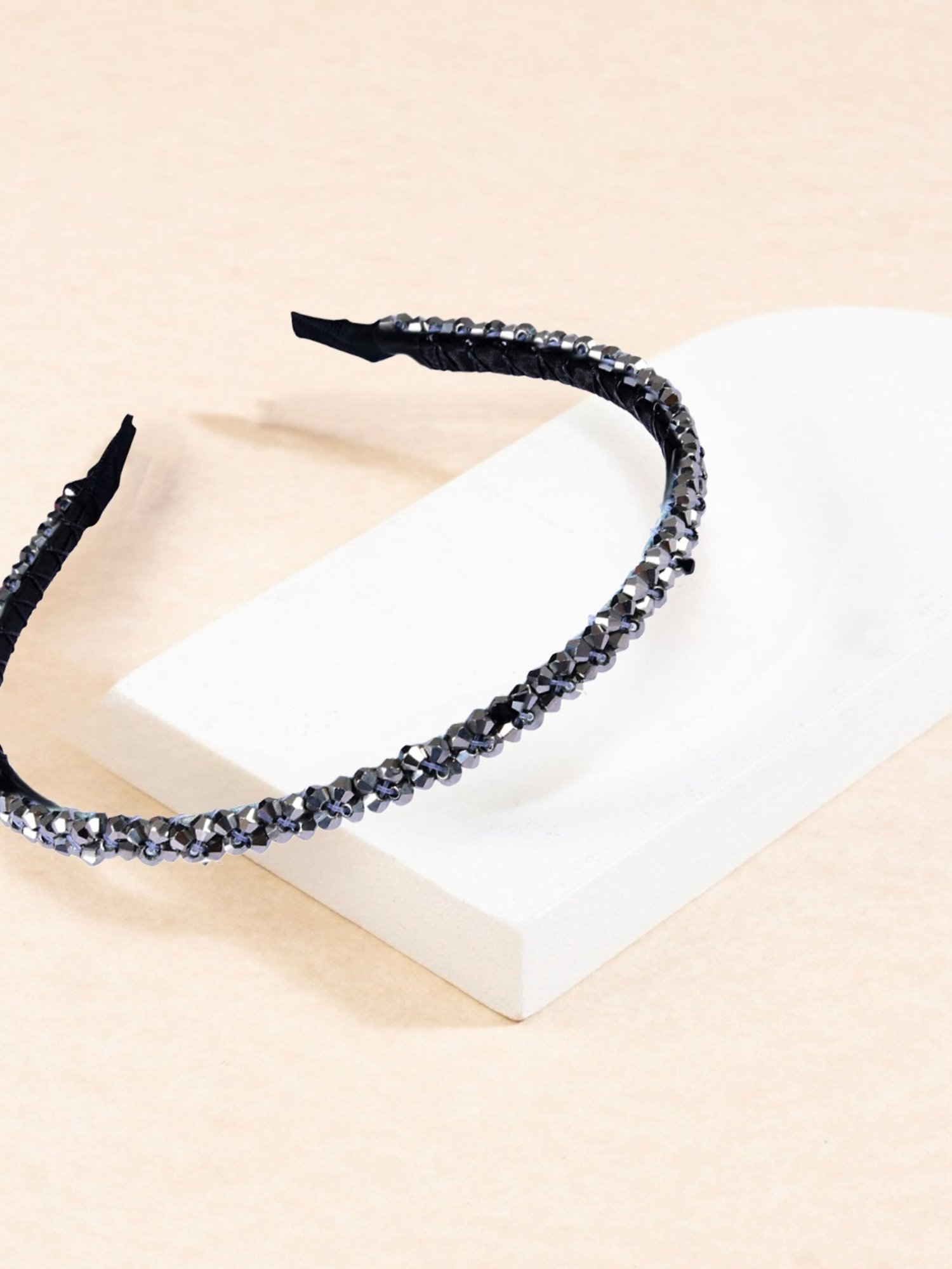 OOMPH Metallic Black Crystal Studded Party Thick Hair Band